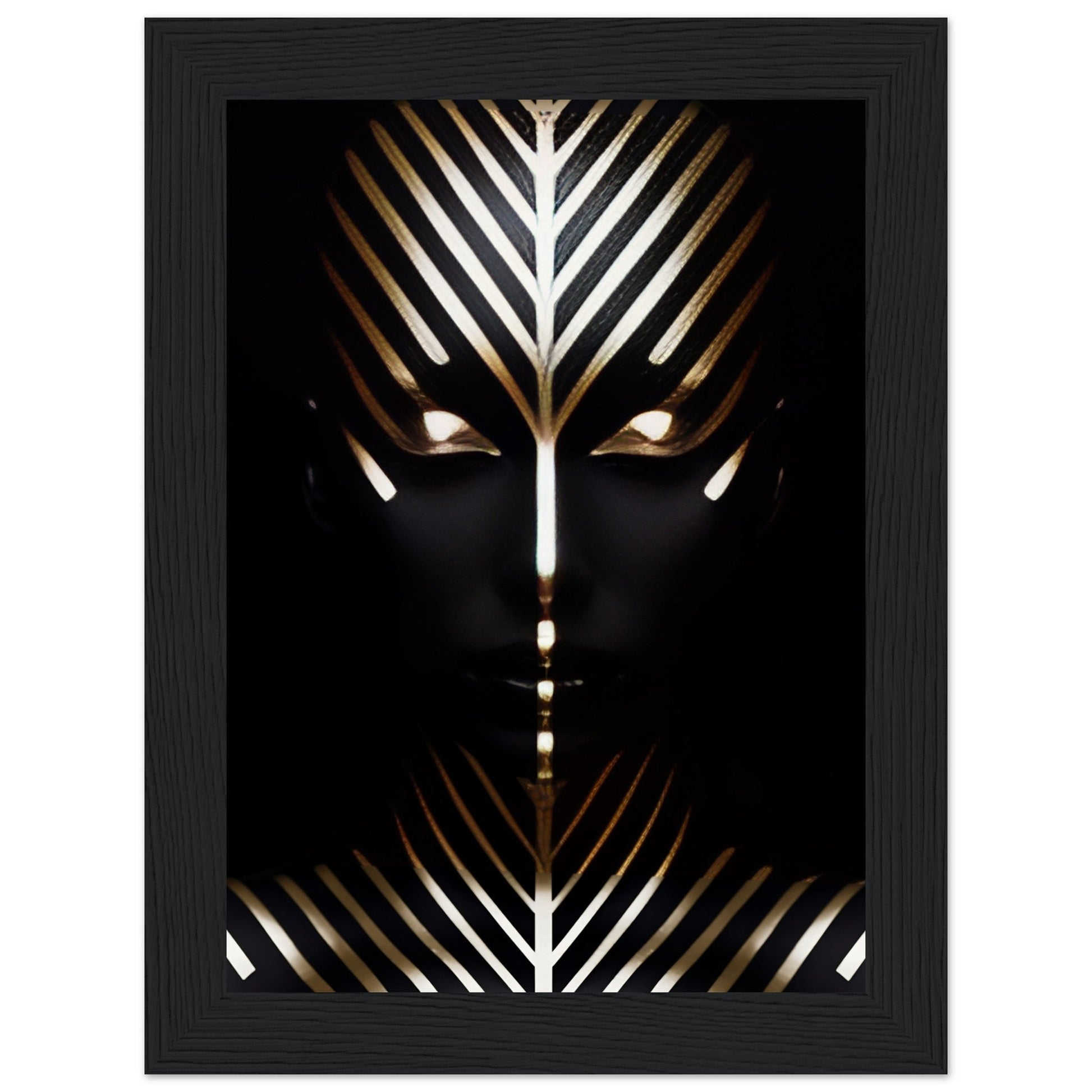 Stylized face with geometric gold and white patterns on a black background.