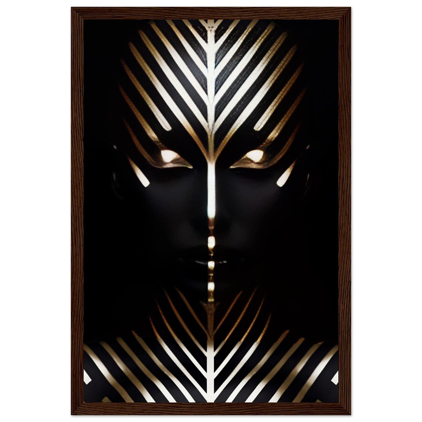 Stylized face with geometric gold and white patterns on a black background.