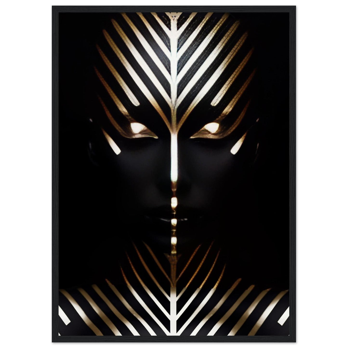 Stylized face composed of geometric gold and white lines against a dark background.
