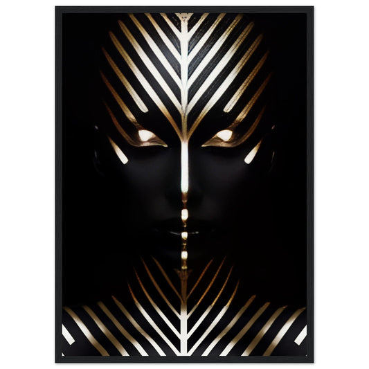 Stylized face composed of geometric gold and white lines against a dark background.