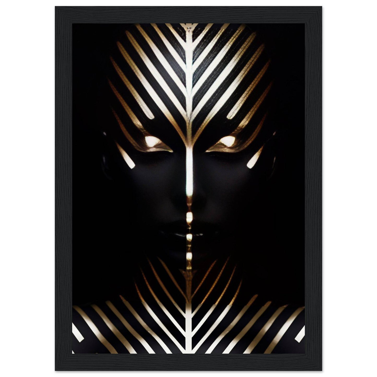 Stylized face with geometric gold and white patterns against a dark background.