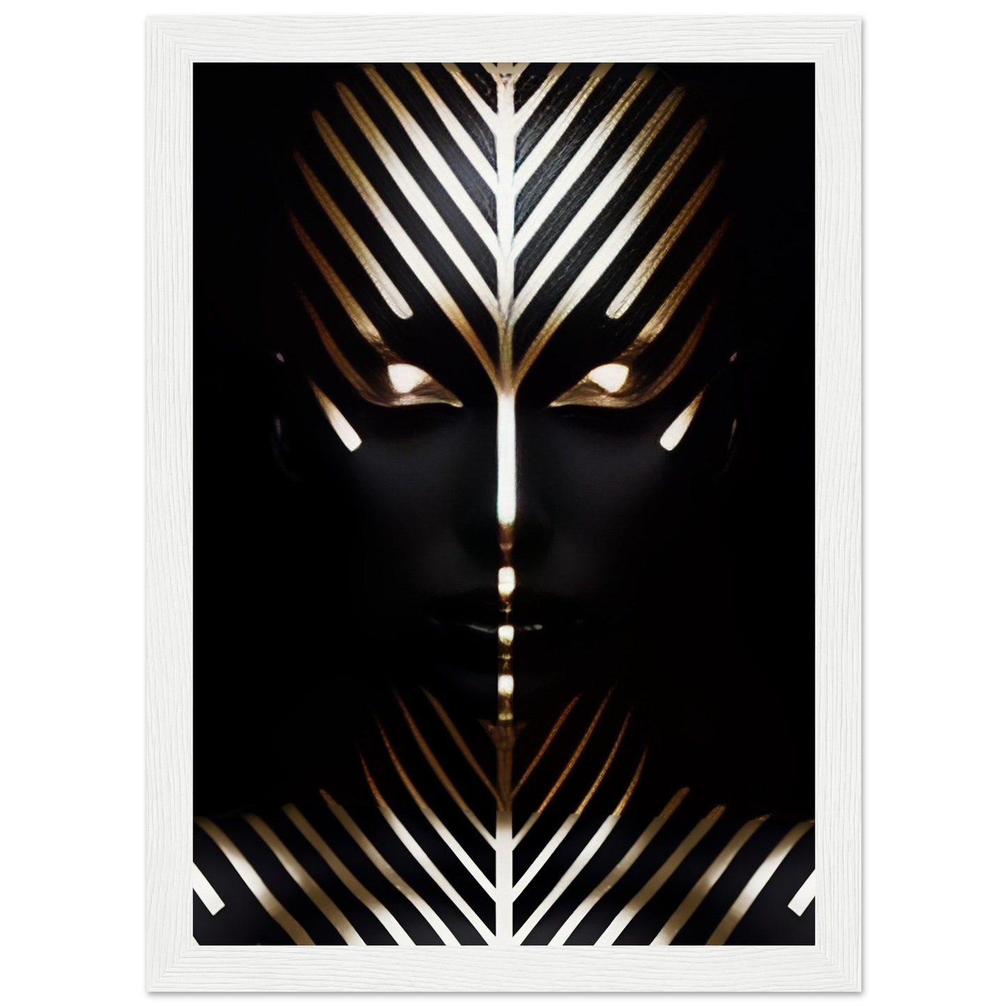 Stylized face with geometric gold and white patterns against a black background.