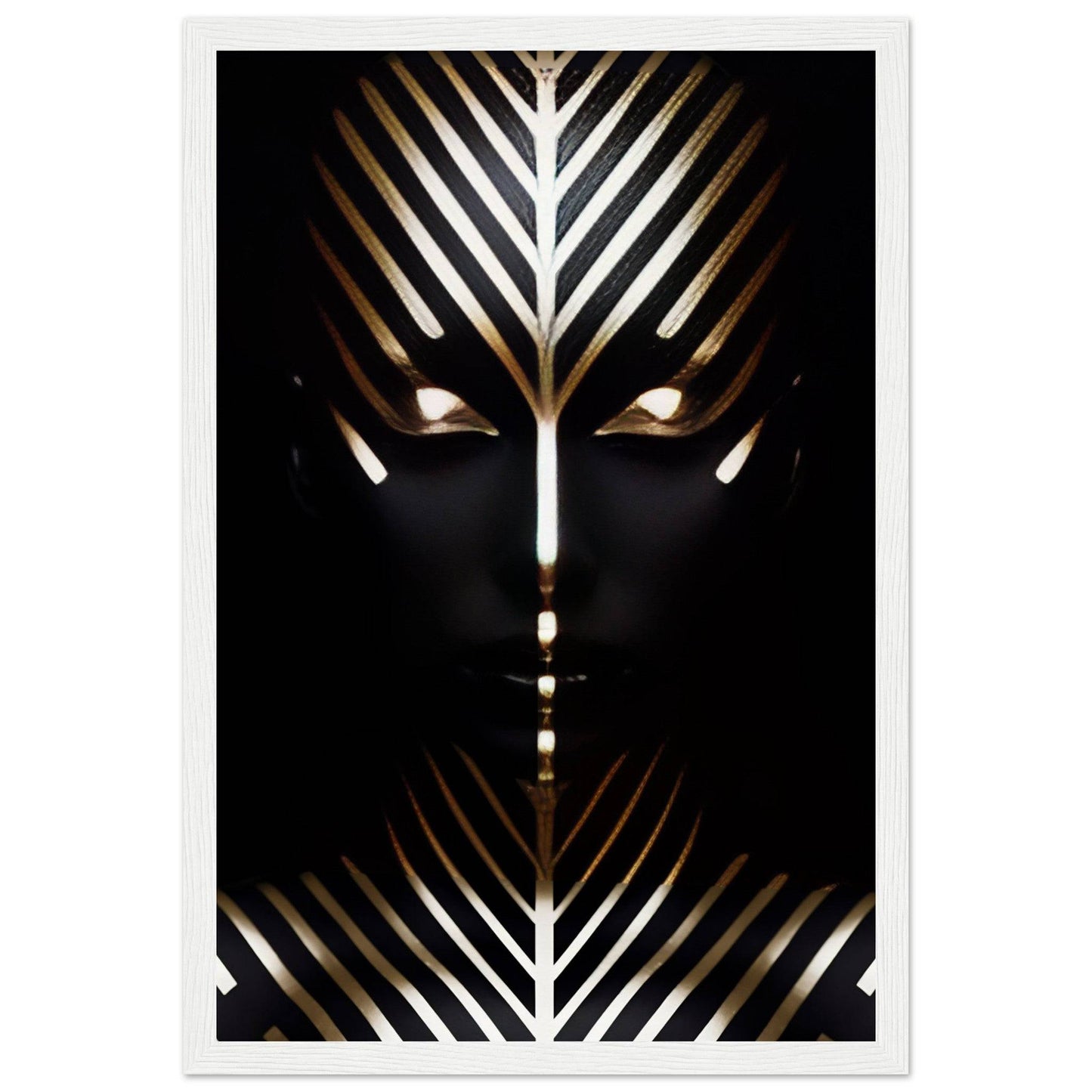 Stylized face with geometric gold and white patterns against a dark background.