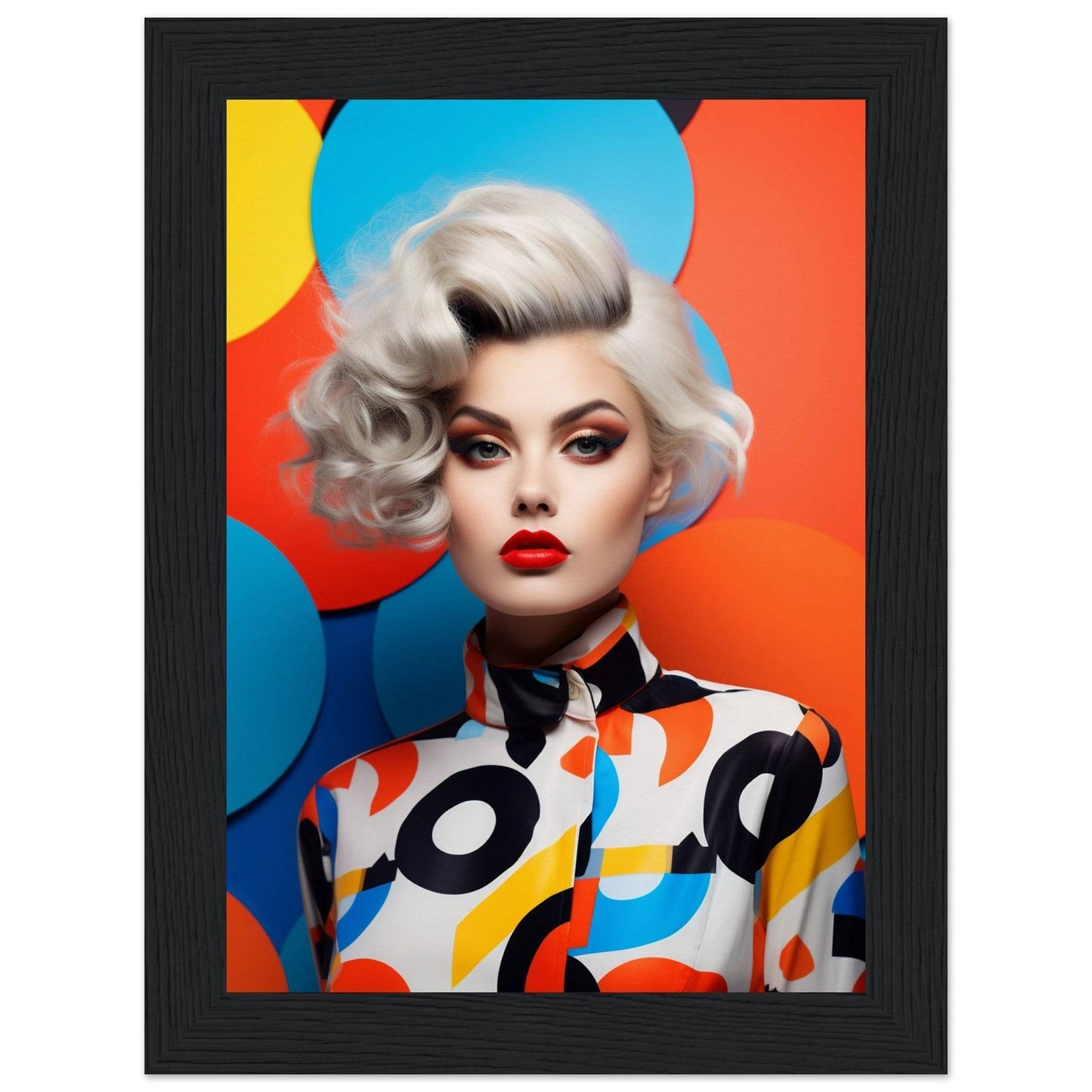 Stylized portrait of a woman with platinum blonde hair and bold red lipstick wearing a colorful patterned shirt.