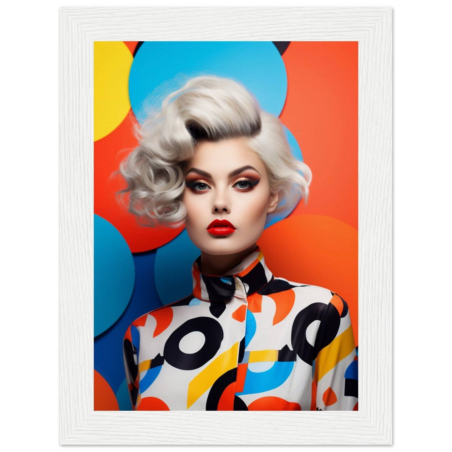 Stylized portrait of a woman with platinum blonde hair and bold makeup against a colorful backdrop.
