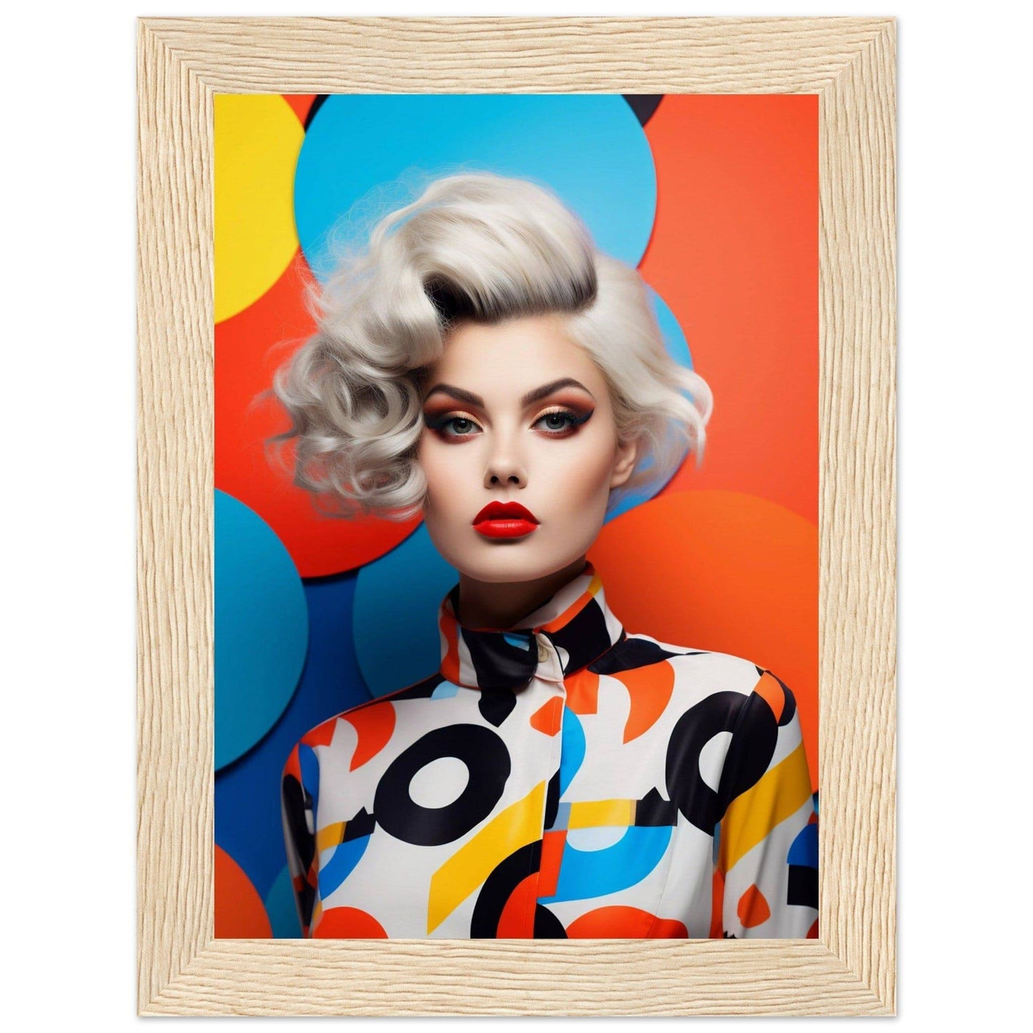 Portrait of a woman with platinum blonde hair and bold red lipstick wearing a colorful patterned shirt.