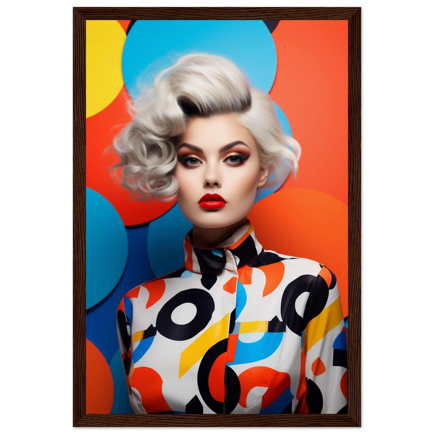 Striking portrait of a woman with platinum blonde hair and bold makeup wearing a colorful patterned outfit.
