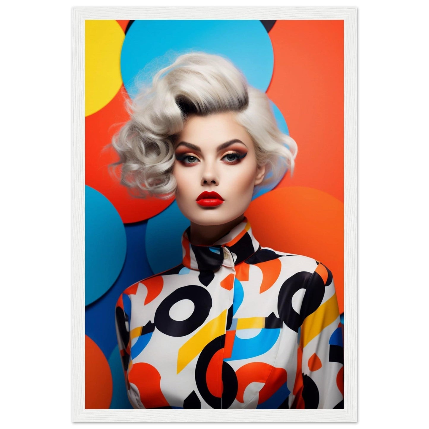 Striking portrait of a woman with platinum blonde hair and bold makeup wearing a colorful patterned top.