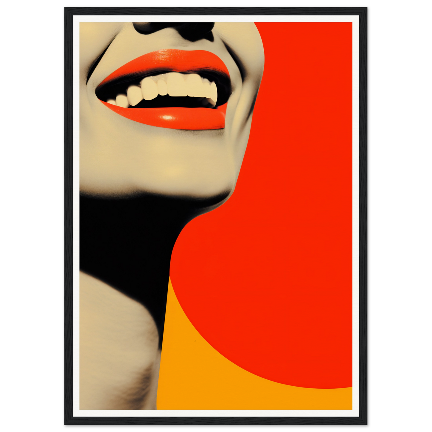 Close-up of bright red lips with white teeth visible against a colorful geometric background.