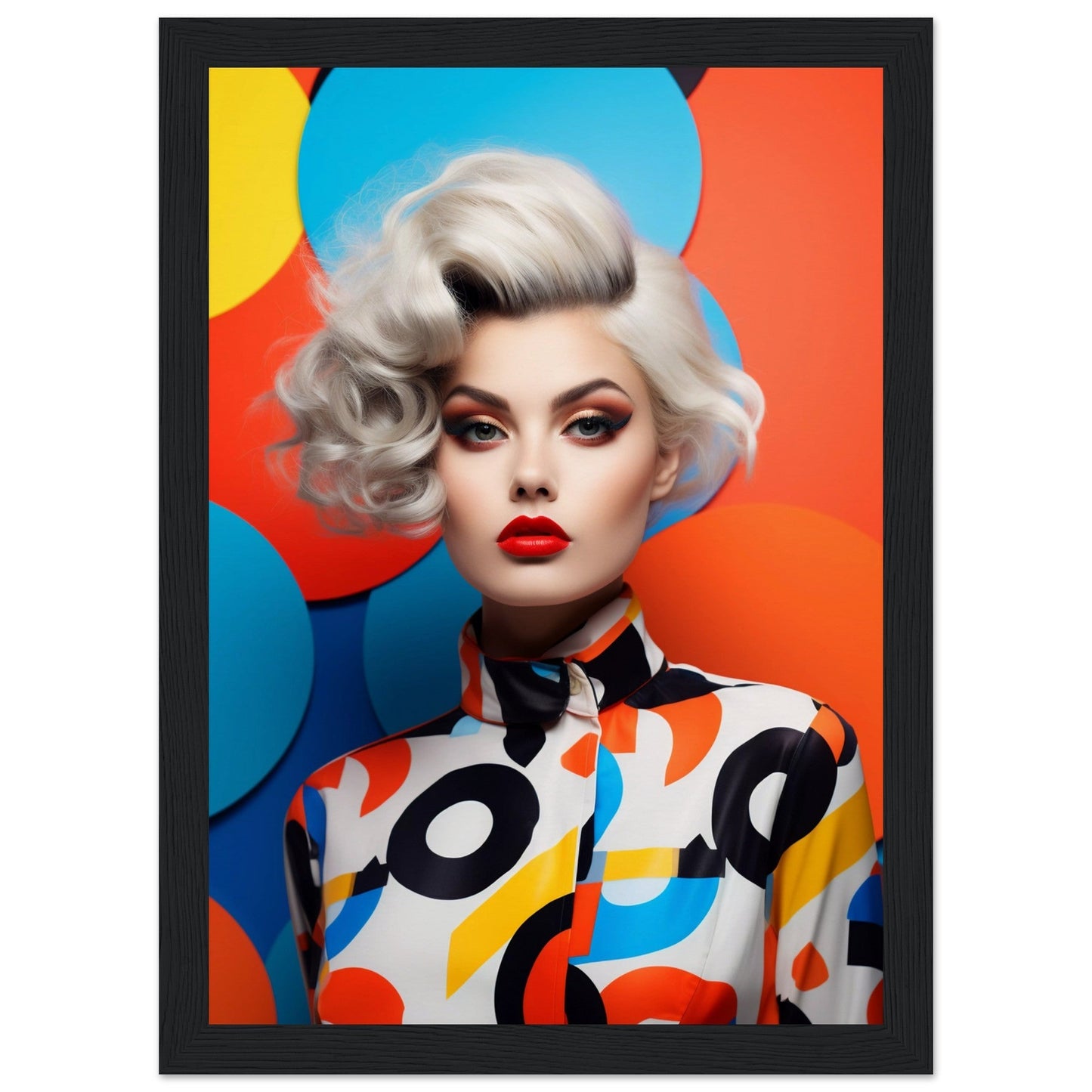Stylized portrait of a woman with platinum blonde hair and bold makeup against a colorful background.