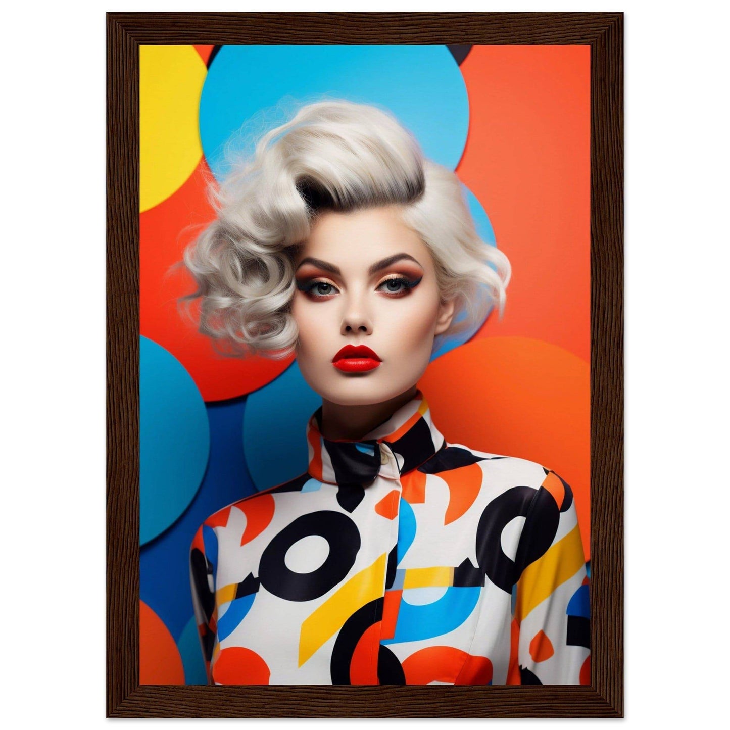 Portrait of a woman with platinum blonde hair and bold makeup wearing a colorful patterned shirt.