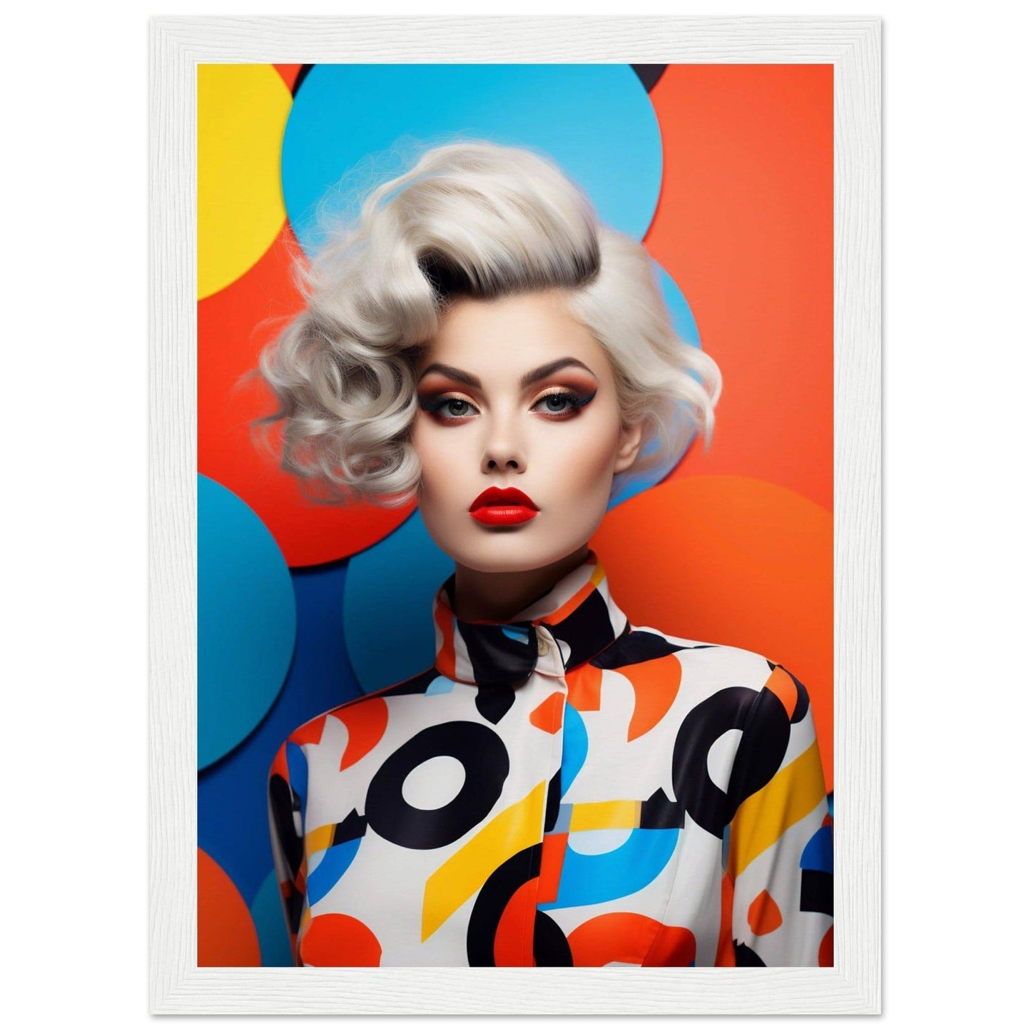 Glamorous woman with platinum blonde hair and bold makeup wearing a colorful patterned top.