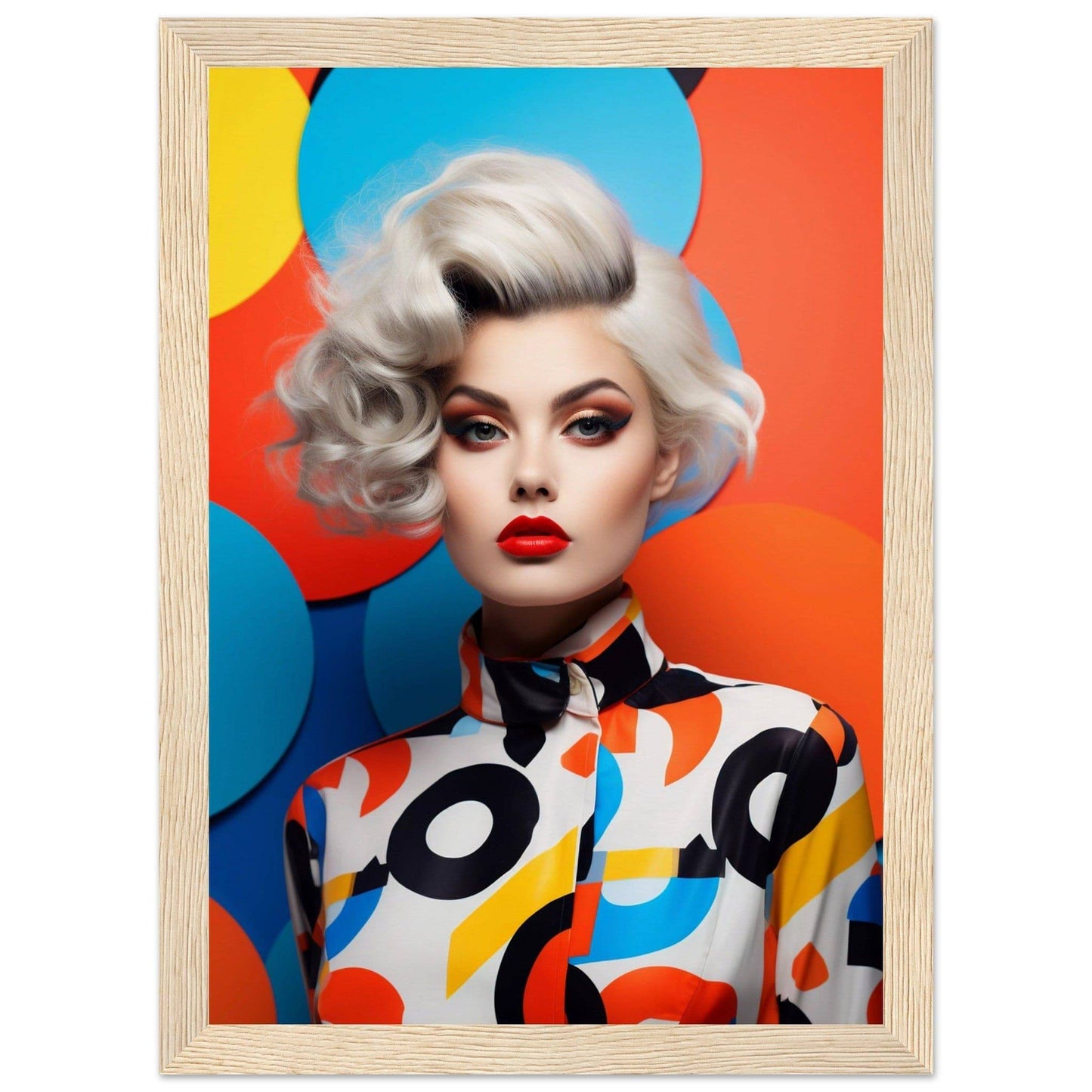 Stylized portrait of a woman with platinum blonde hair and bold makeup wearing a colorful patterned shirt.