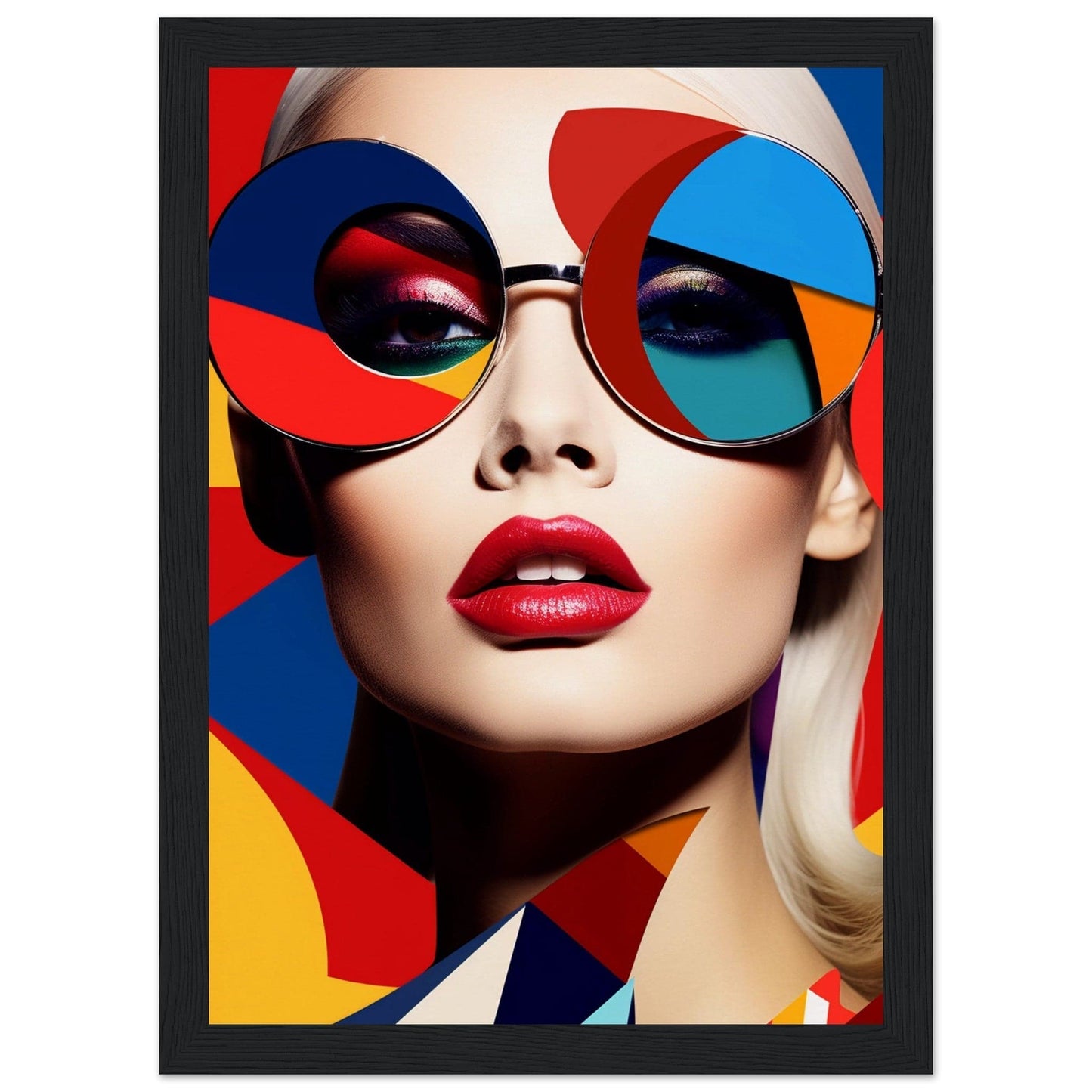 Colorful portrait featuring a person wearing vibrant round sunglasses and bright red lipstick.
