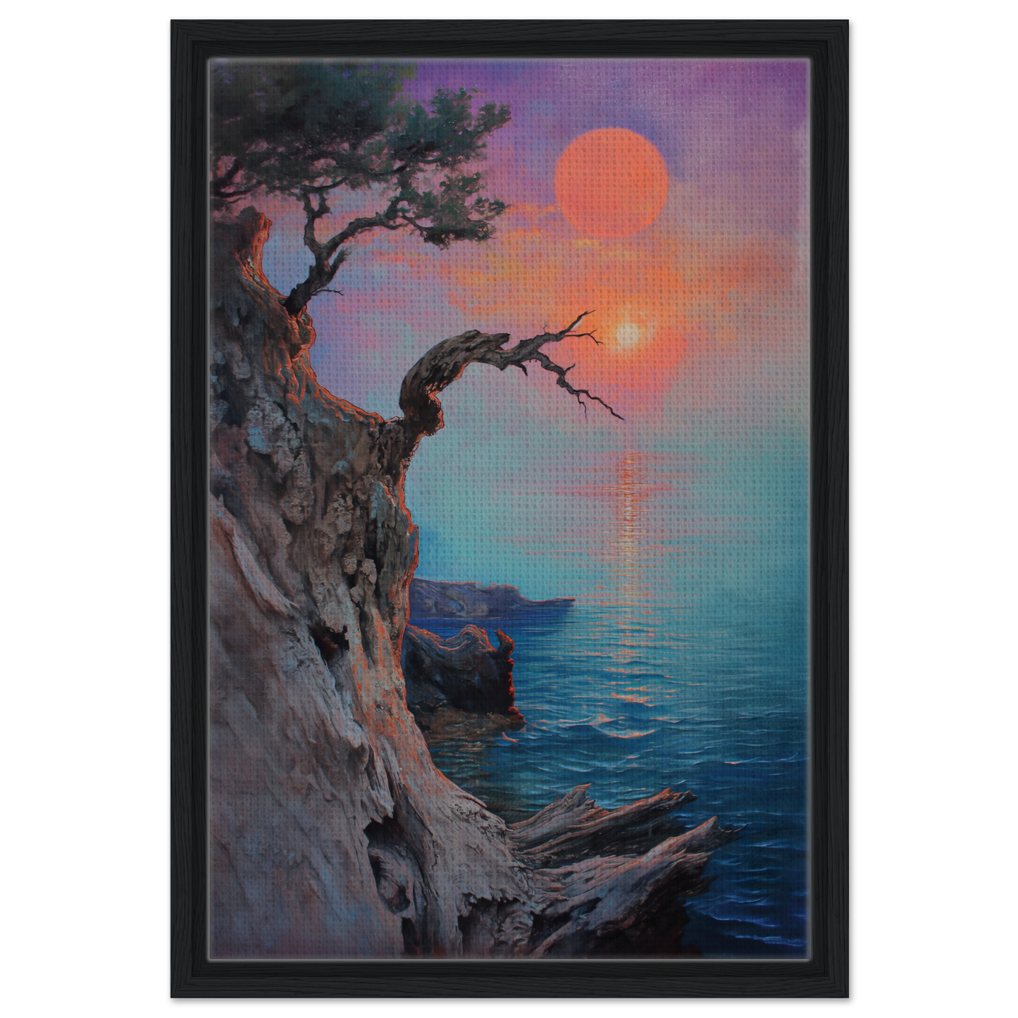 Gnarled tree painting on coastal cliff at sunset from Liquid Luminary Lament framed canvas art