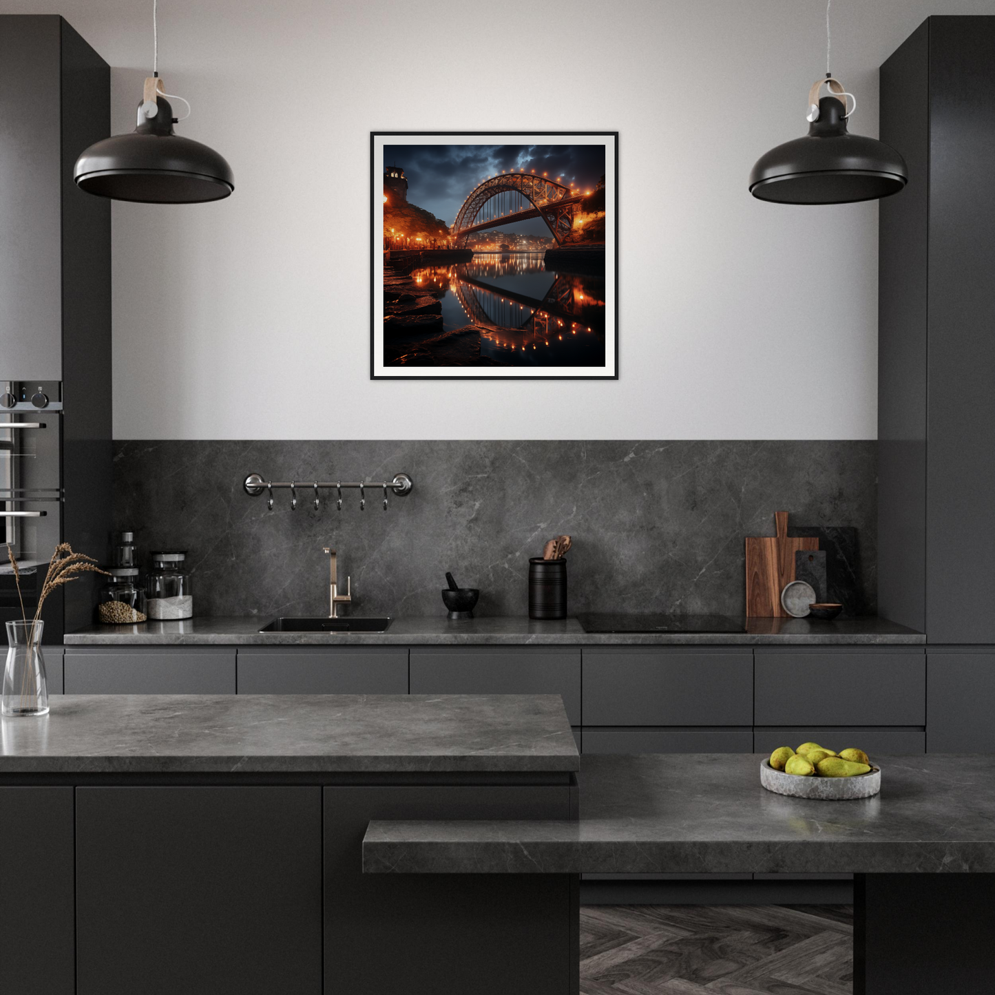 Stylish dark gray kitchen showcasing Lucid Lightways framed bridge art and industrial decor