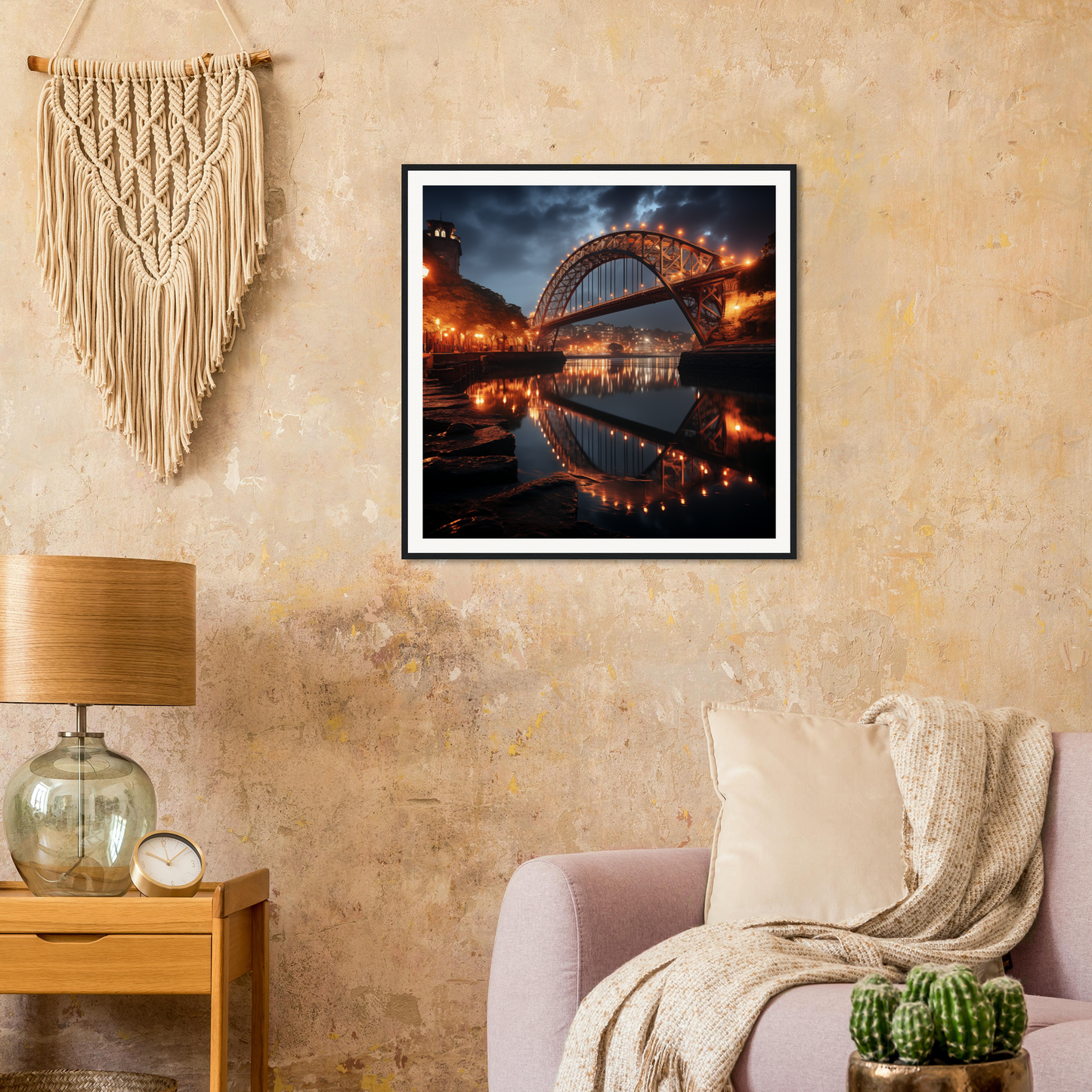 Stunning Lucid Lightways framed bridge art reflecting in water at twilight