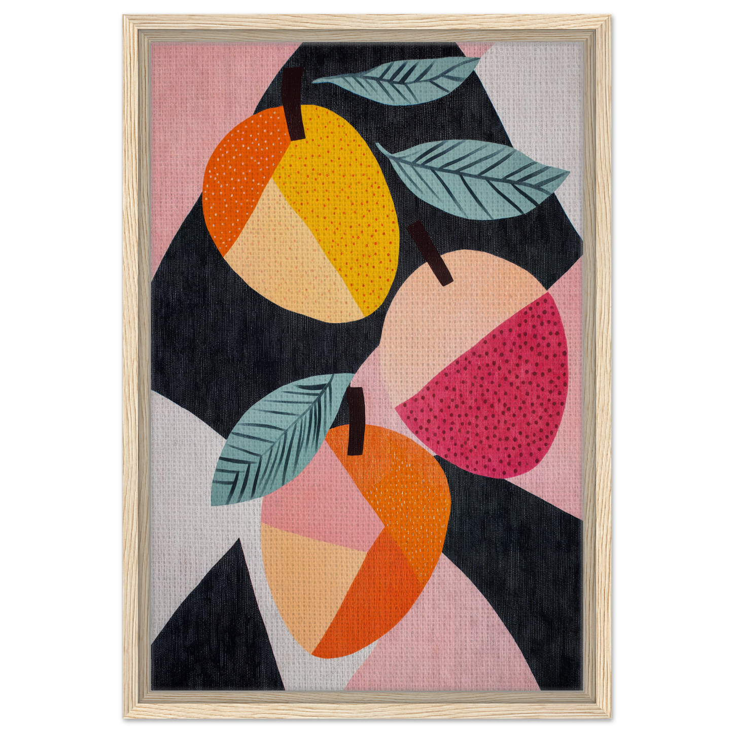 Abstract painting of vibrant fruit shapes and leaves in Luminous Fruit Revelry design