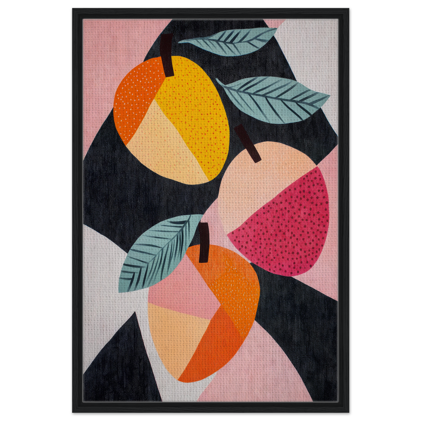 Abstract artwork of colorful fruit shapes and leaves in Luminous Fruit Revelry framed print