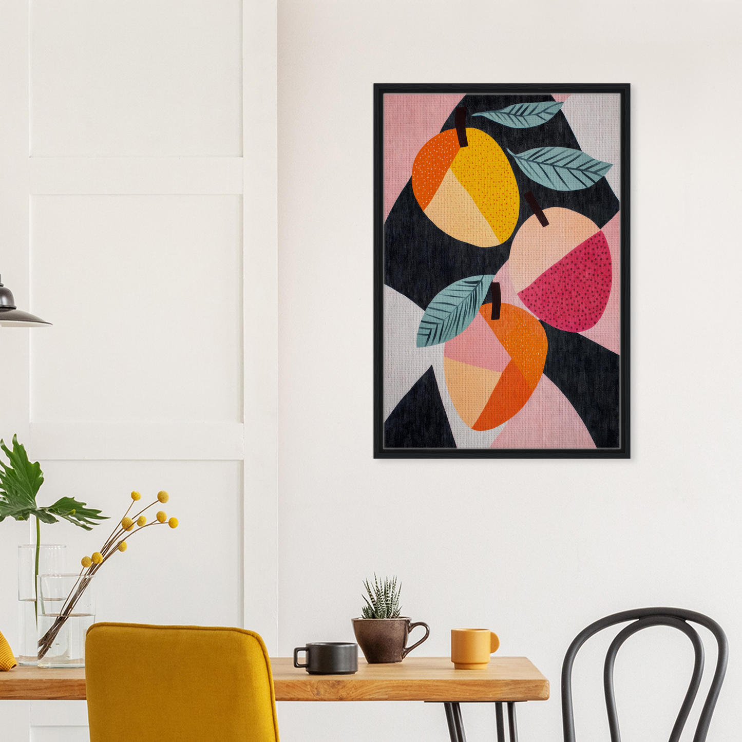 Framed canvas print of Luminous Fruit Revelry featuring vibrant geometric shapes