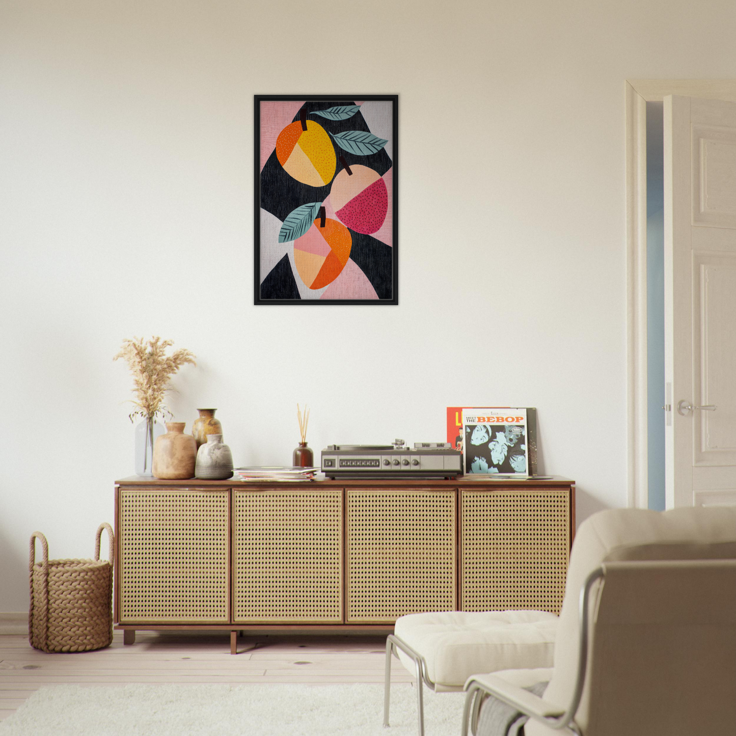 Wooden sideboard with cane doors showcasing Luminous Fruit Revelry decorative items