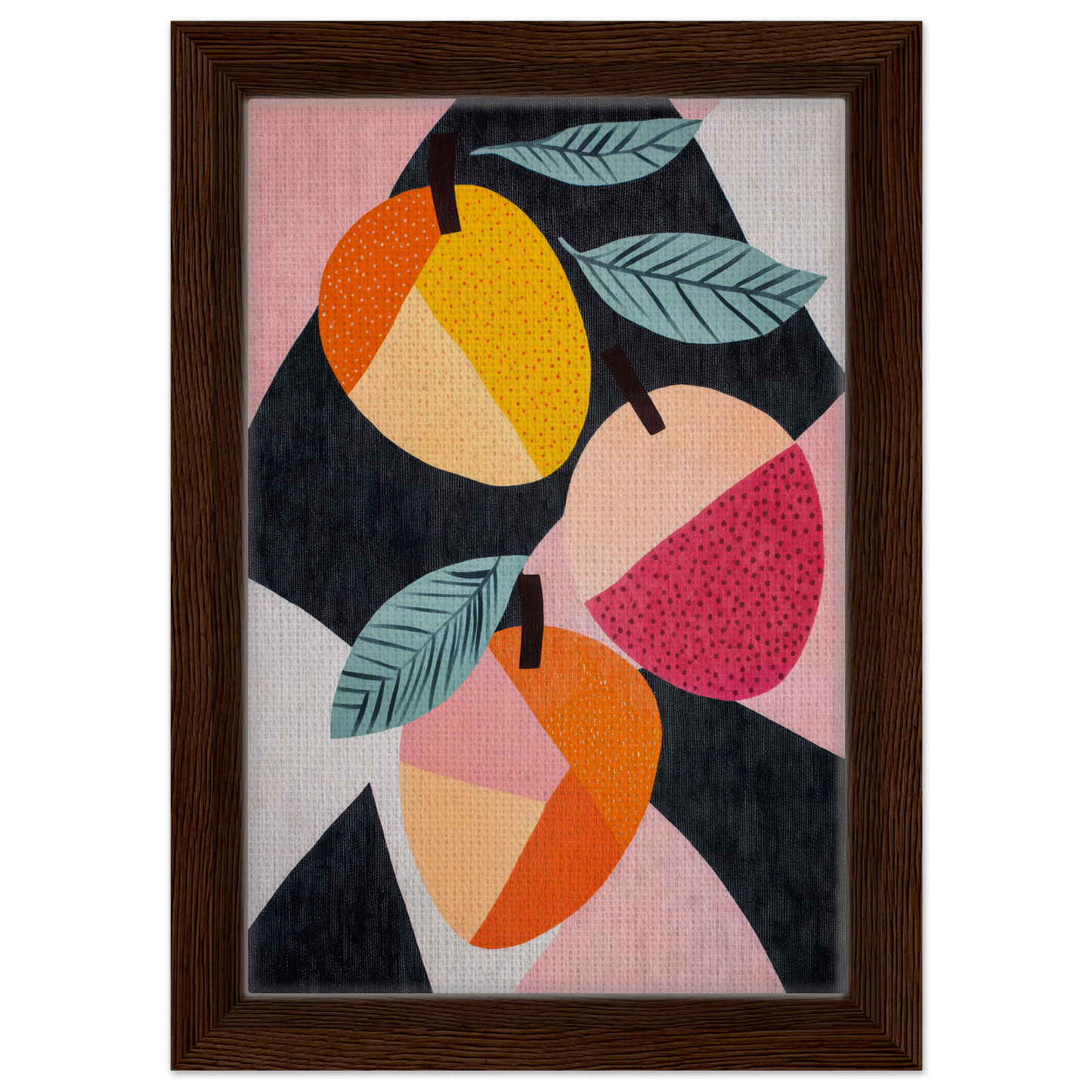 Abstract painting of colorful geometric fruit shapes for Luminous Fruit Revelry room decor