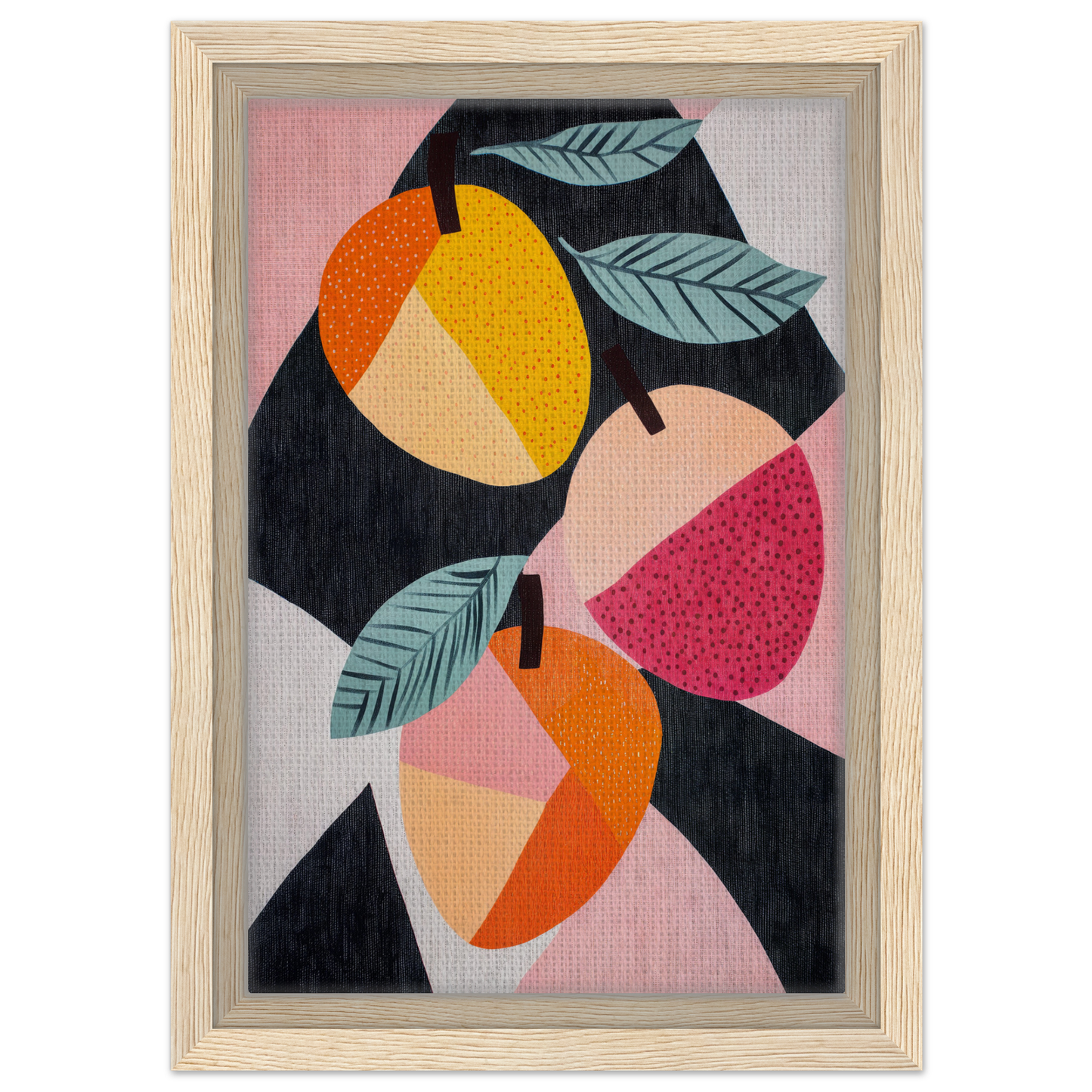 Abstract painting of colorful geometric shapes in Luminous Fruit Revelry framed canvas print