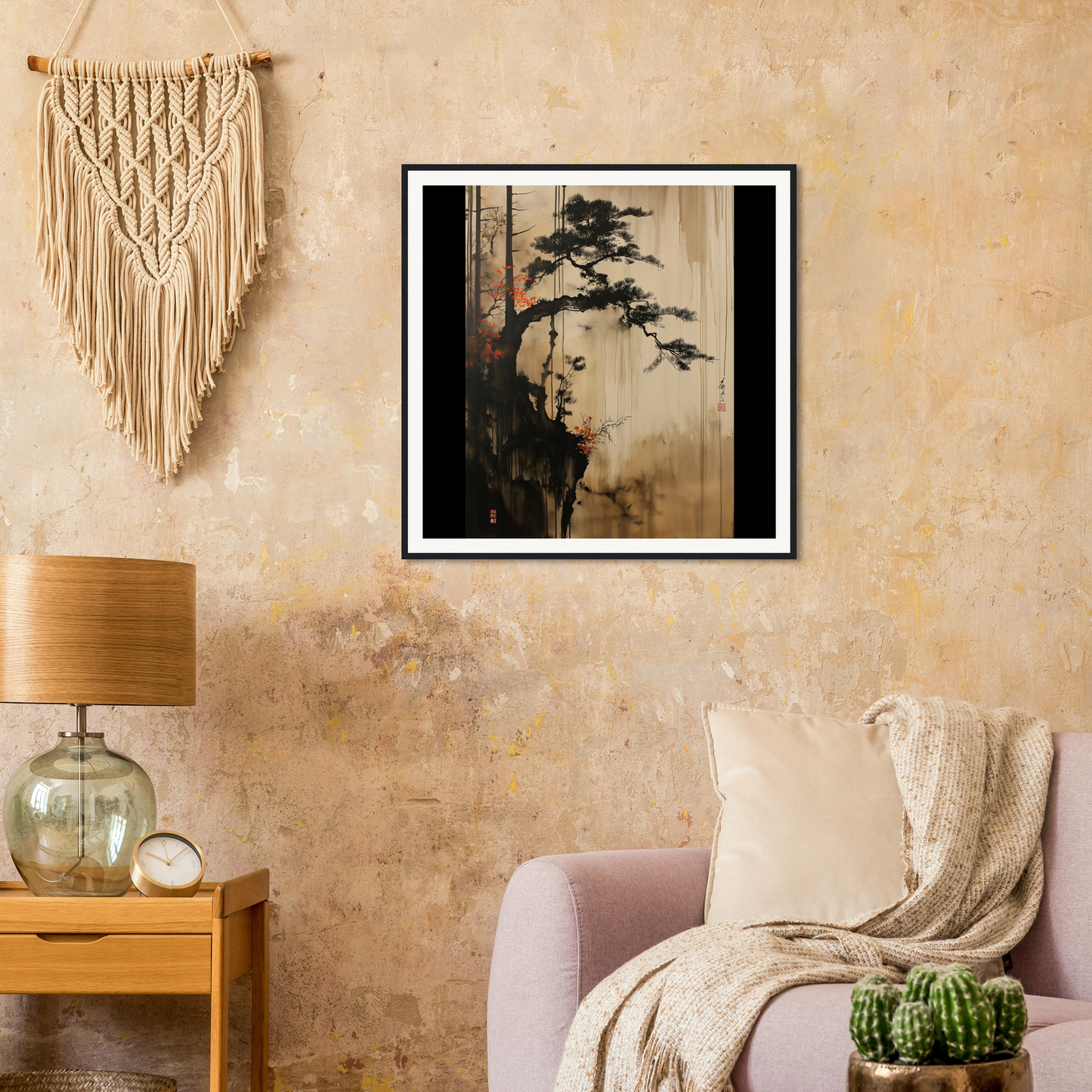 Framed black and white art featuring a misty pine tree, Luminous Pine Solitude design