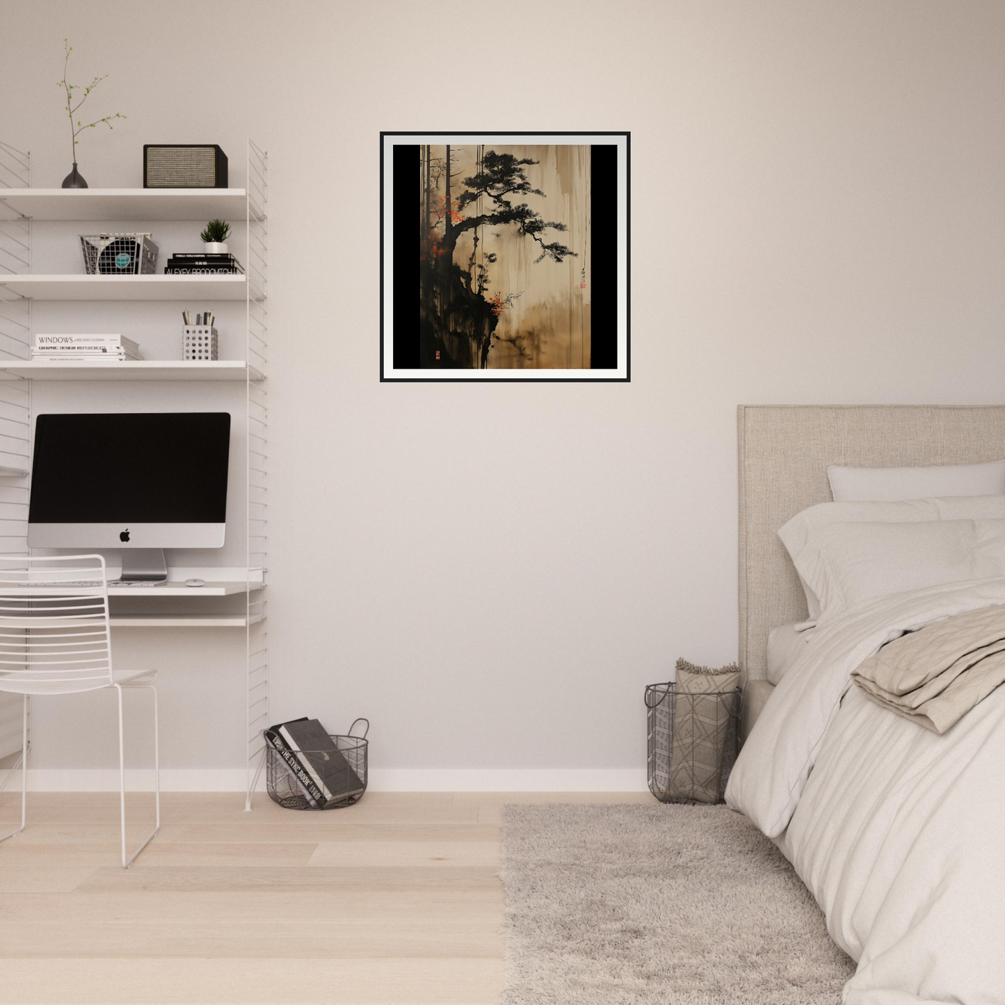 Minimalist bedroom with Luminous Pine Solitude art, iMac workstation, and neutral tones