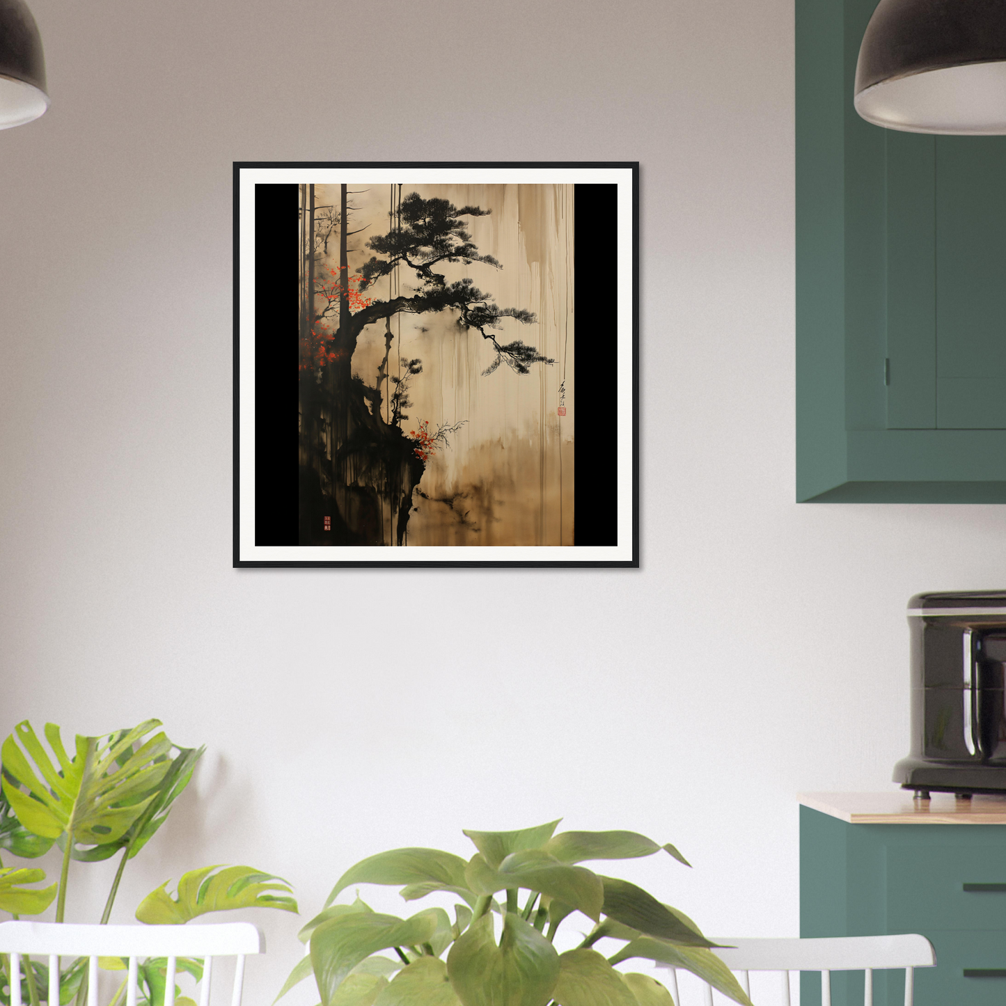 Framed Asian-style artwork of a pine tree in Luminous Pine Solitude special edition art™