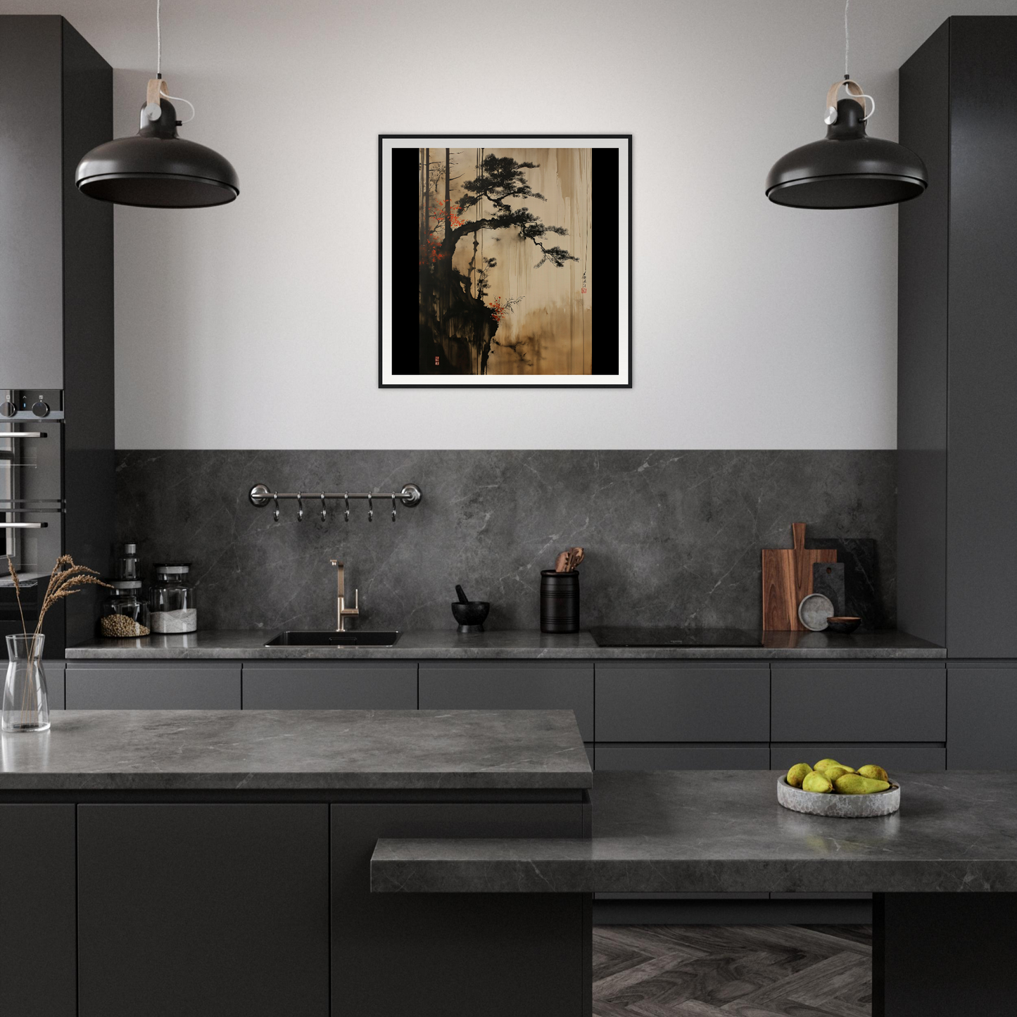Modern dark gray kitchen with industrial lights and Luminous Pine Solitude art