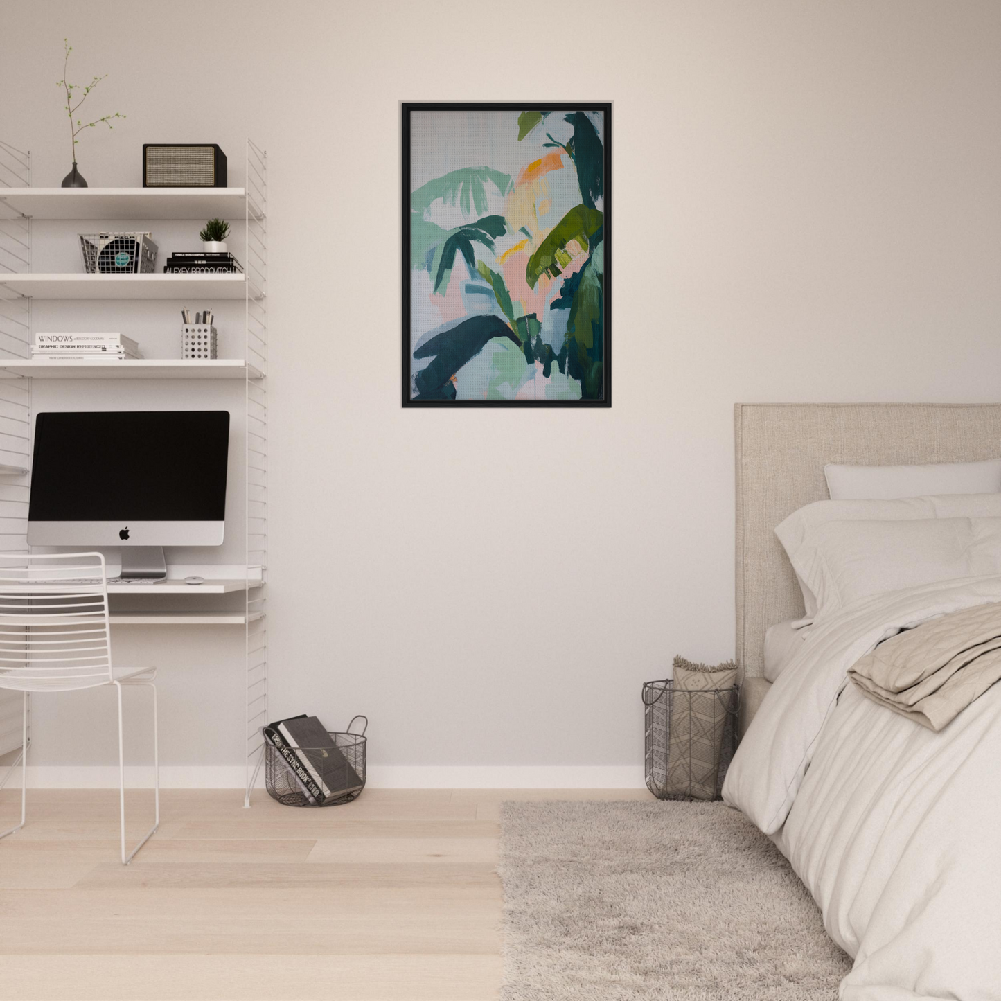 Framed canvas print of Lush Celtic Whisper with abstract palm trees in blue and green