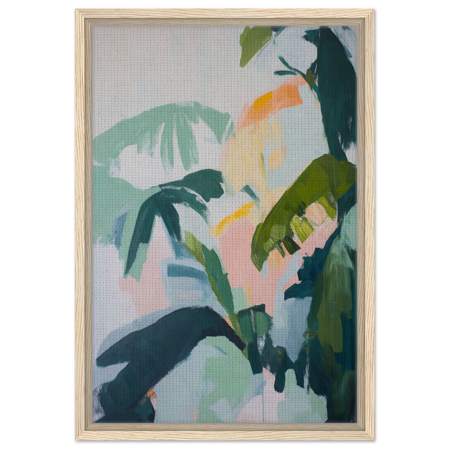 Abstract painting depicting tropical foliage in muted colors, Lush Celtic Whisper framed canvas print