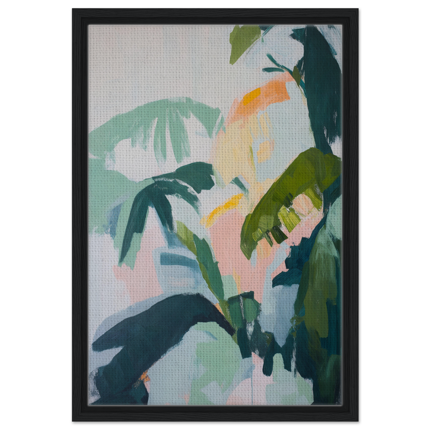 Abstract painting of tropical foliage in muted pastels for Lush Celtic Whisper room decor