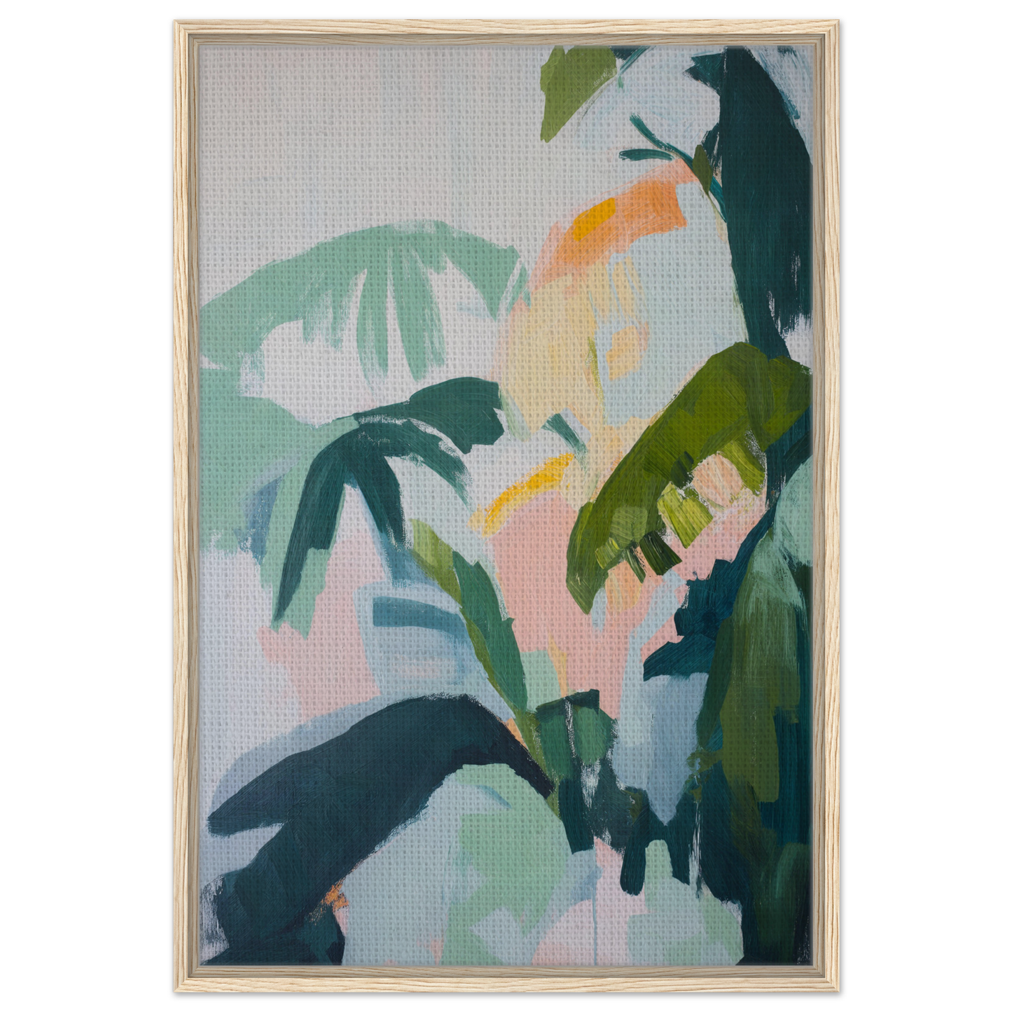 Abstract painting of tropical foliage in muted colors for Lush Celtic Whisper framed canvas print