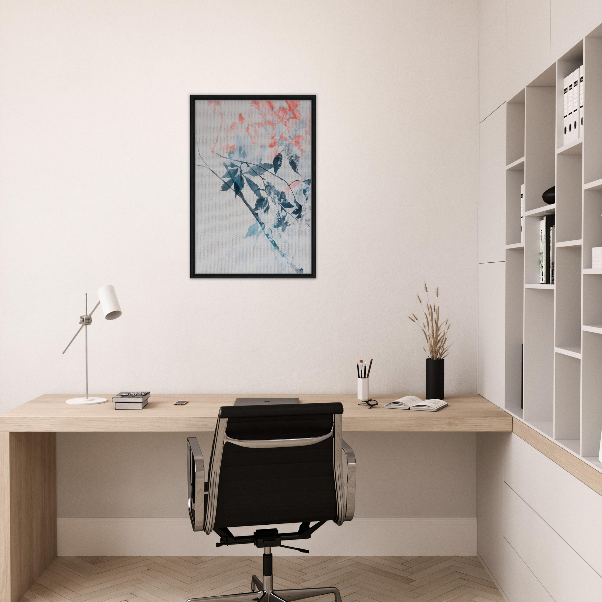 Minimalist home office with Lyrical Autumn Veil framed canvas print and wooden desk setup
