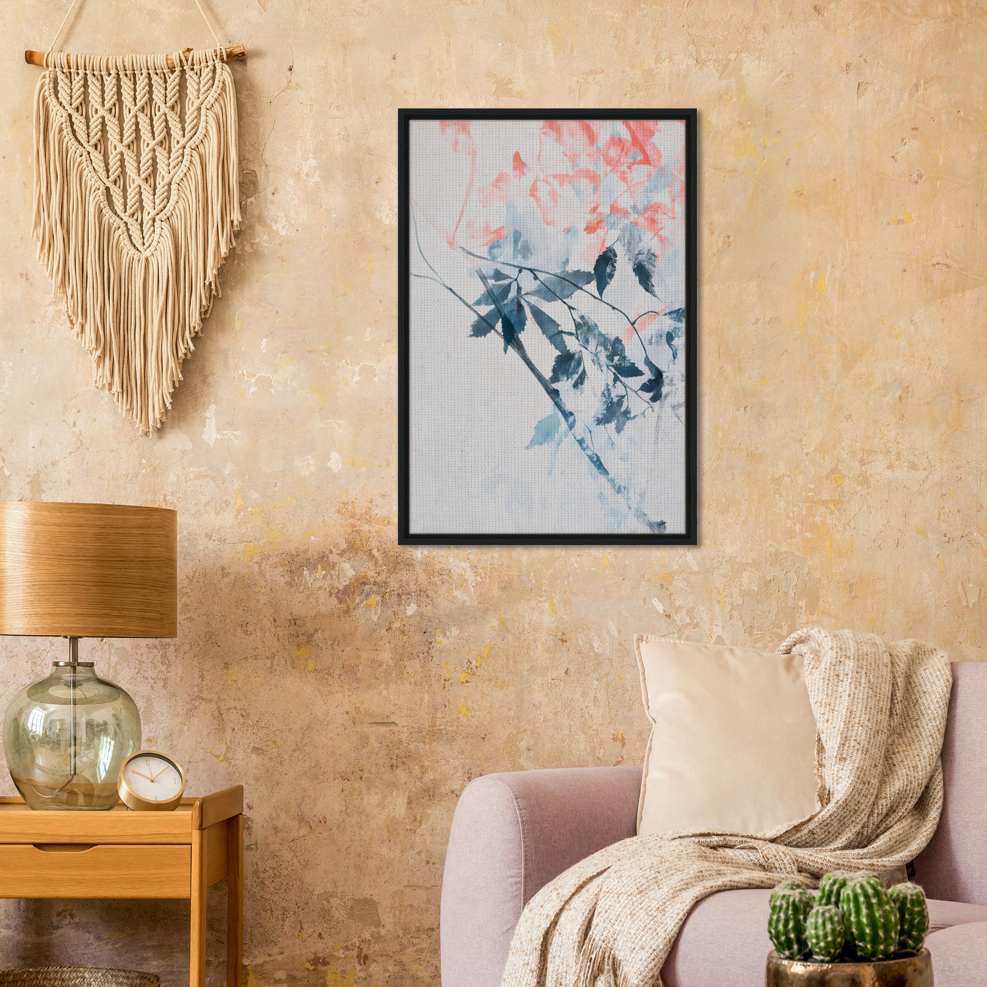 Framed artwork of floral branches with pink blossoms for Lyrical Autumn Veil room decor