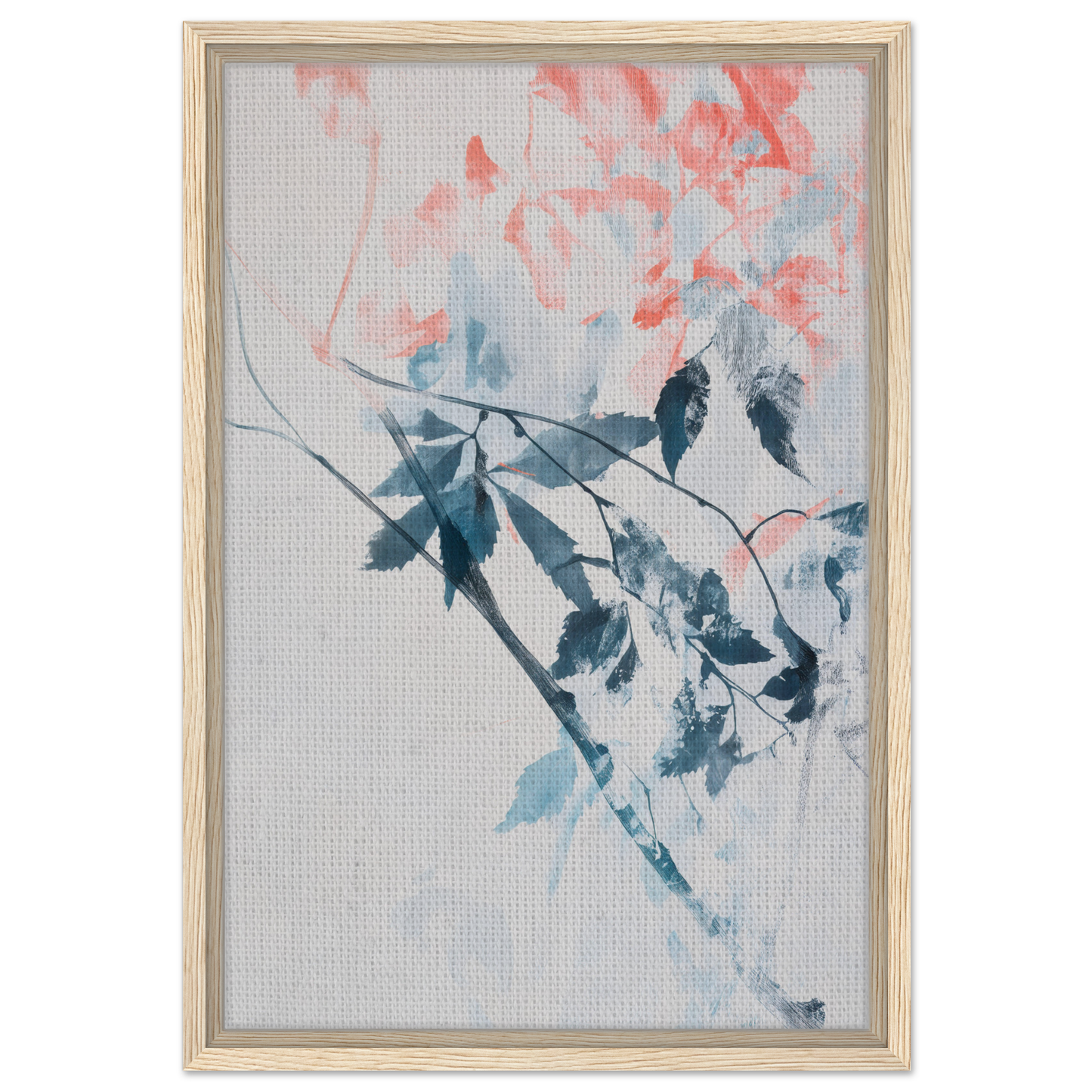 Framed watercolor painting of branches with blue-green leaves and pink blossoms for Lyrical Autumn Veil room decor