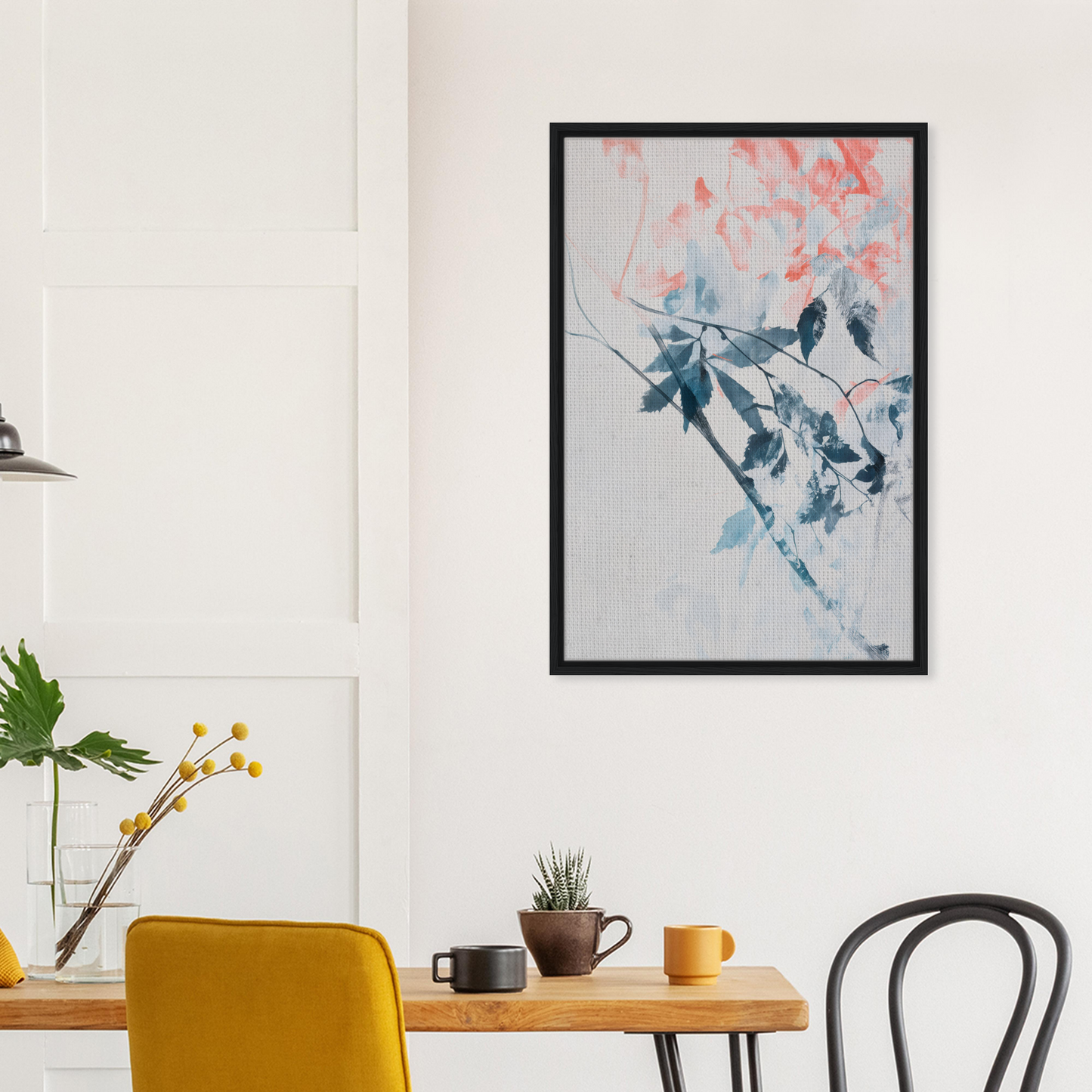 Framed abstract artwork in Lyrical Autumn Veil featuring blue and pink floral elements