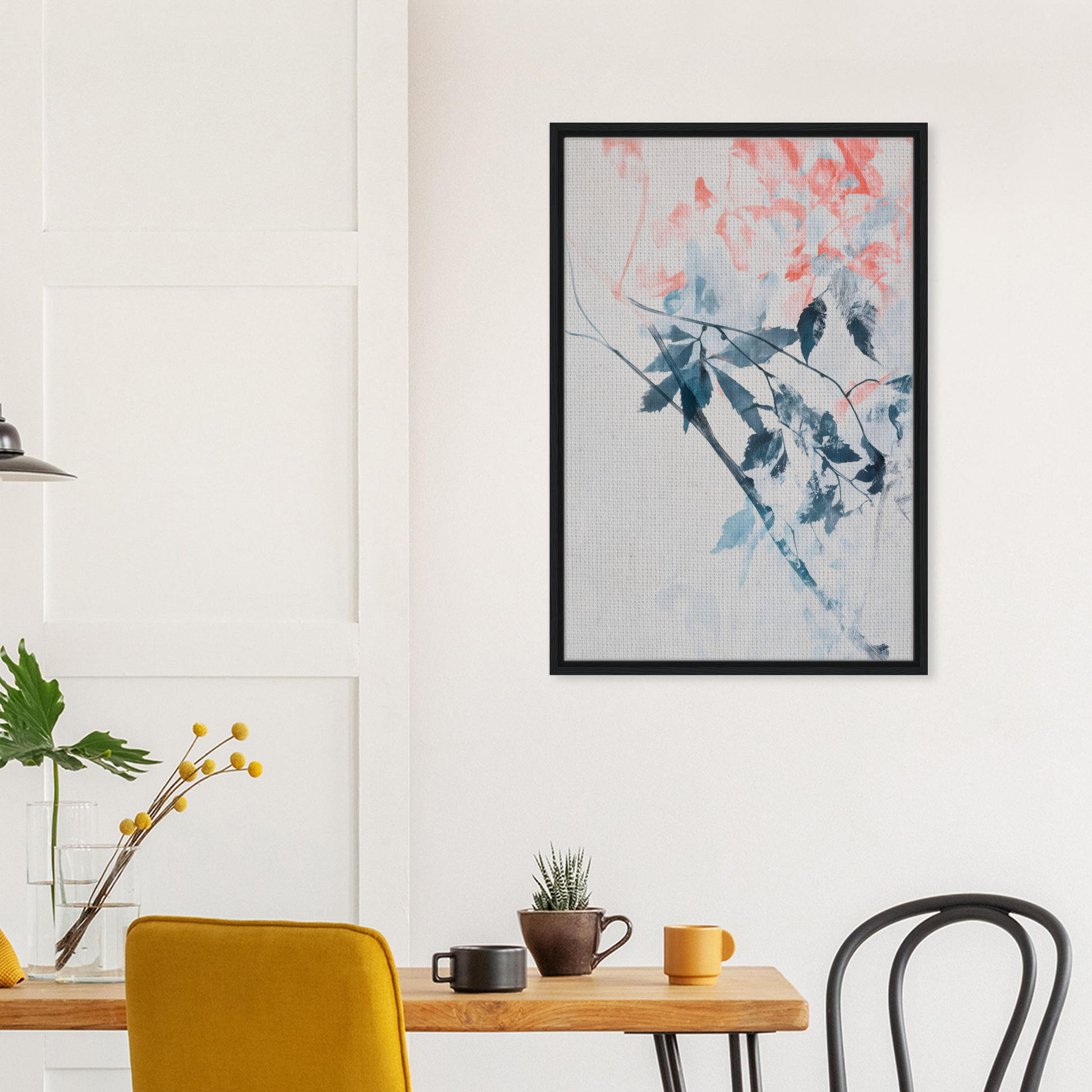 Framed abstract artwork in Lyrical Autumn Veil featuring blue and pink floral elements