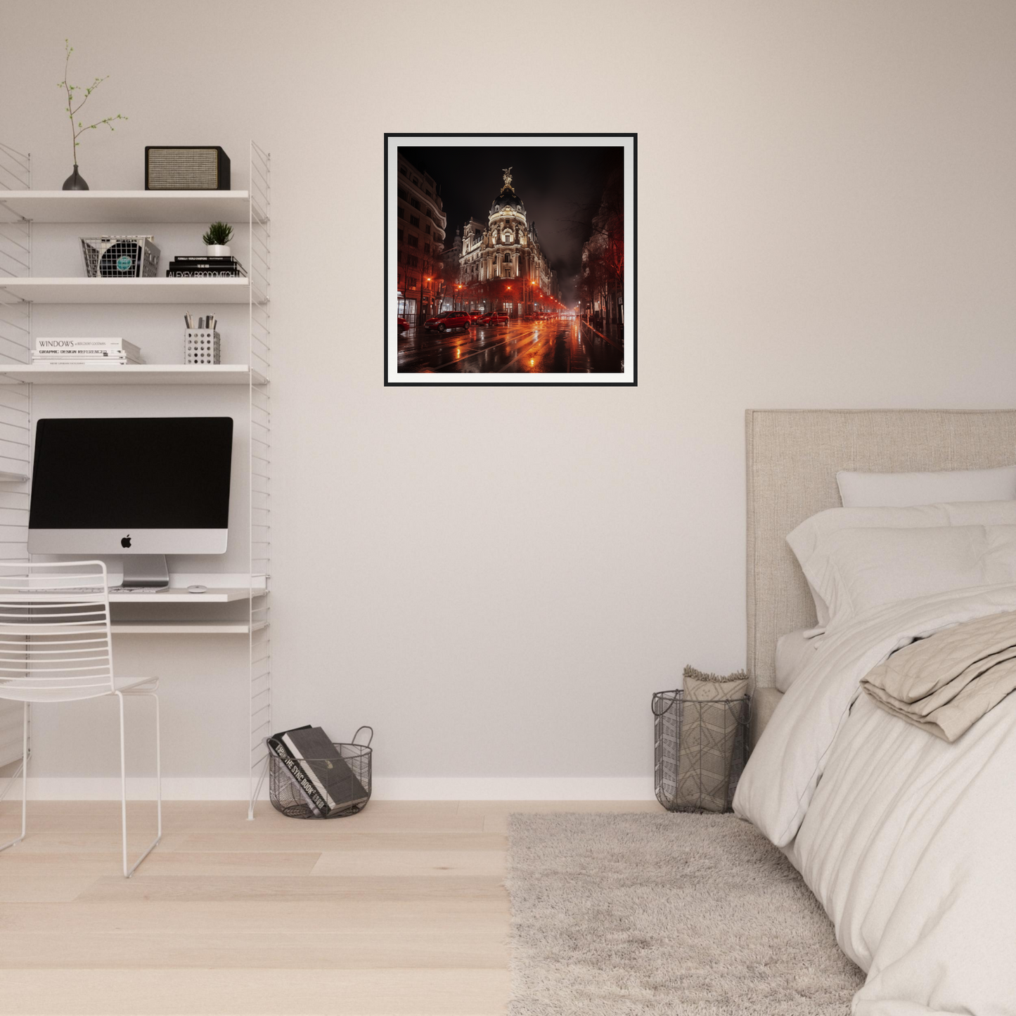 Modern minimalist bedroom featuring Majestic Night Reverie art and stylish floating shelves
