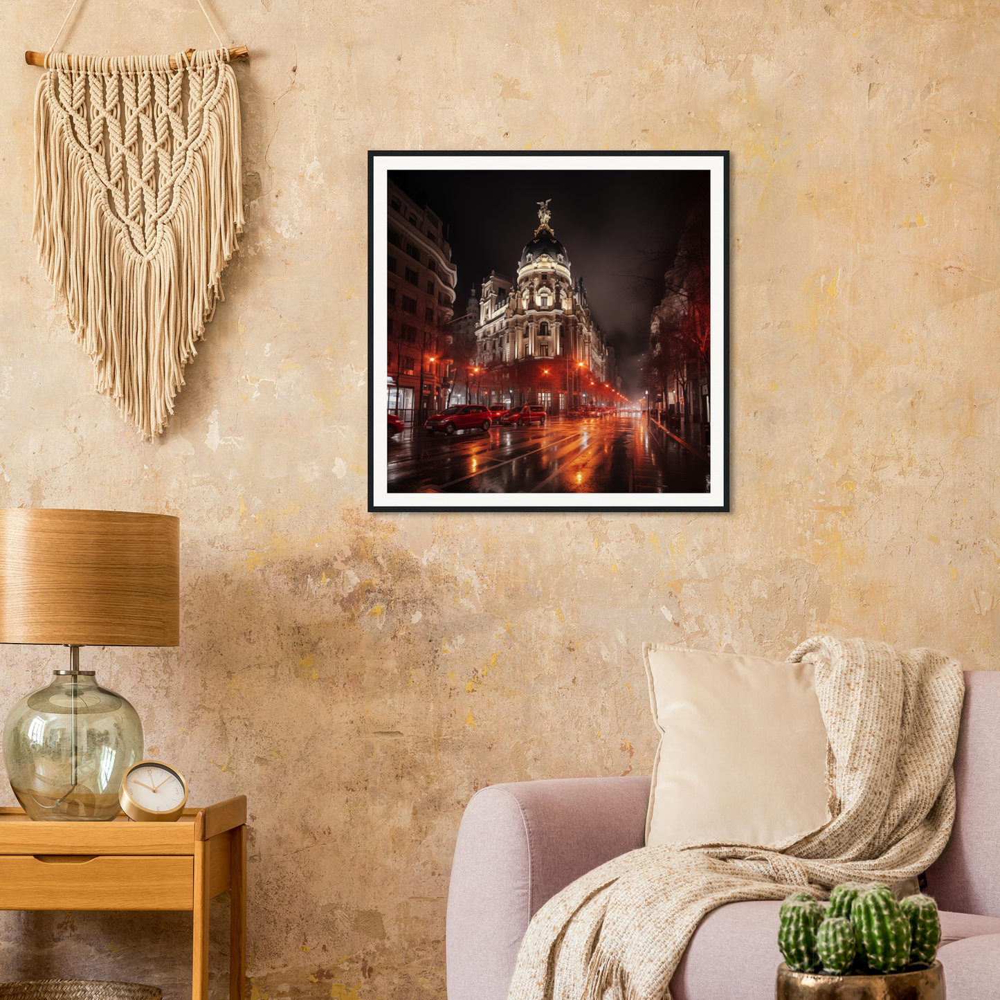 Framed photo of Madrid’s Gran Via at night, showcasing Majestic Night Reverie vibes