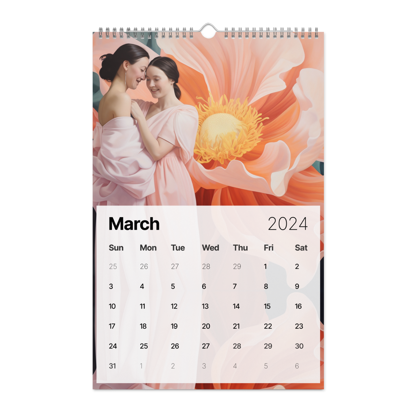 Wall calendar for March 2024 featuring an artistic image of two figures and a flower.