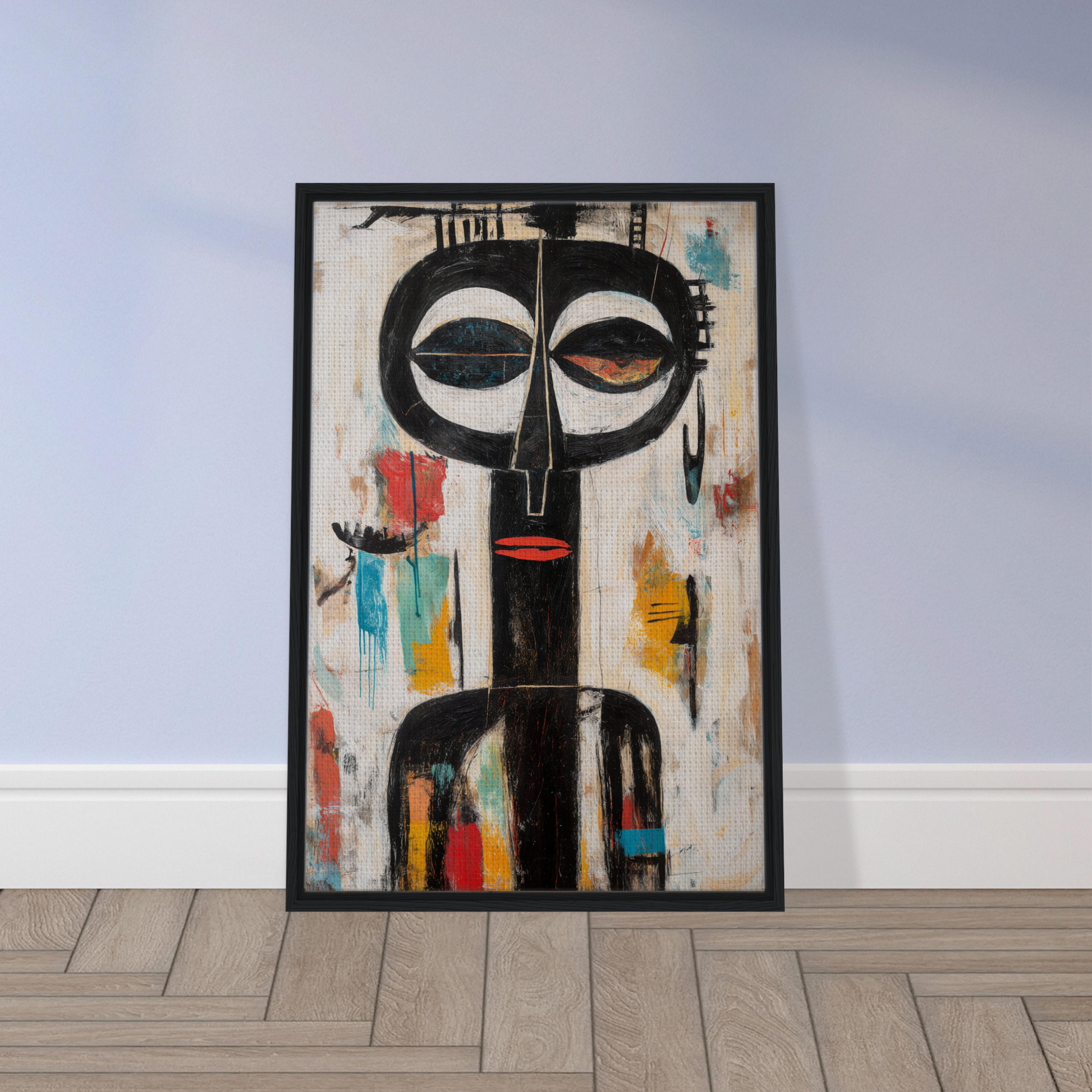 Abstract painting of stylized figure with large eyes in vibrant colors for Masks Chromatic Dance