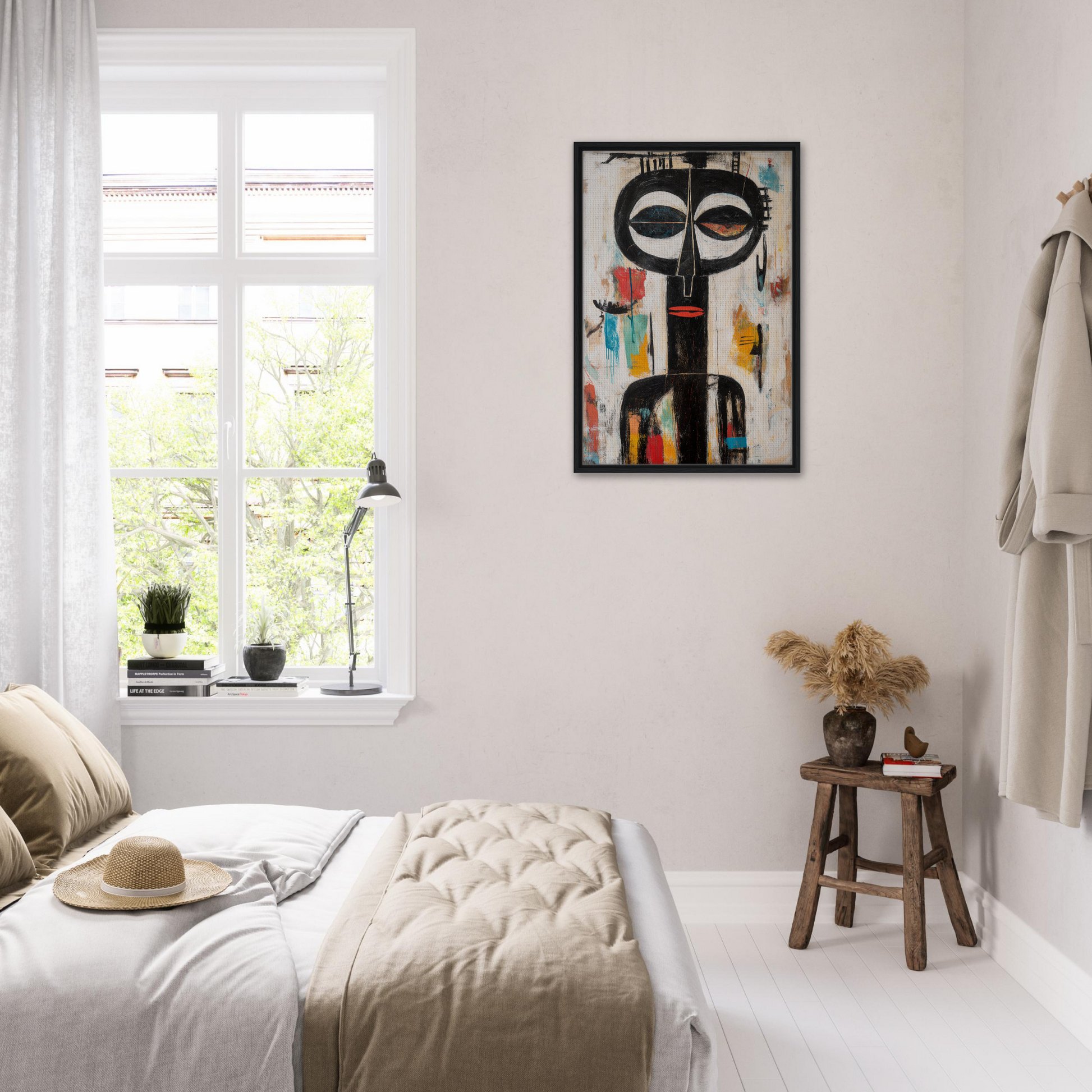 Bright, airy bedroom featuring Masks Chromatic Dance framed as stylish room decor