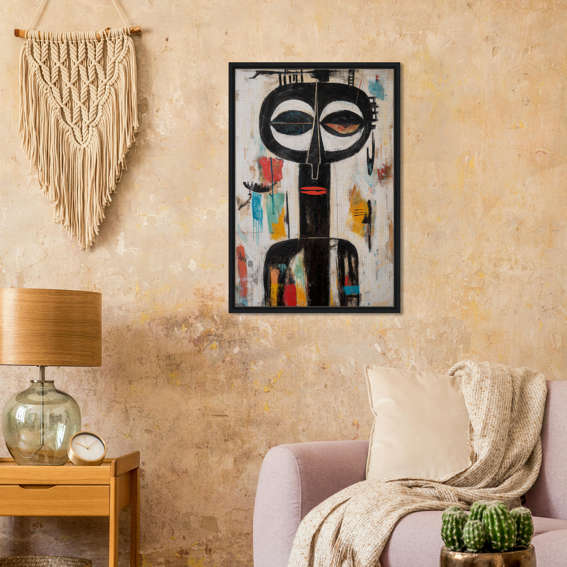 Abstract painting of a vibrant face with large eyes for Masks’ Chromatic Dance room decor