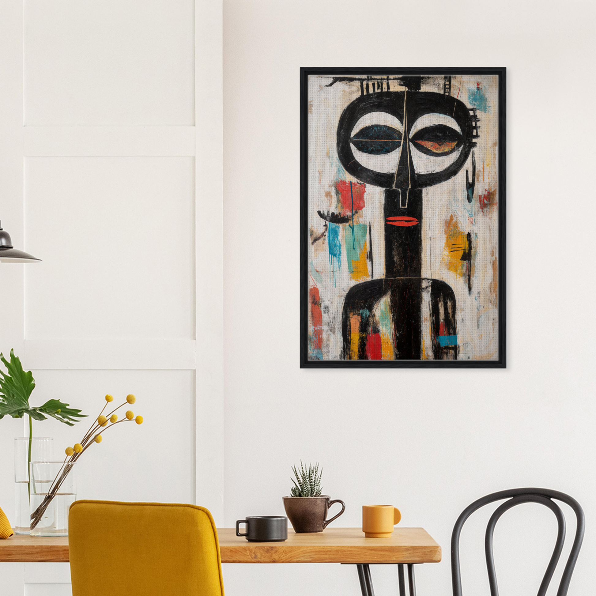 Abstract painting of a stylized face in black for Masks Chromatic Dance room decor