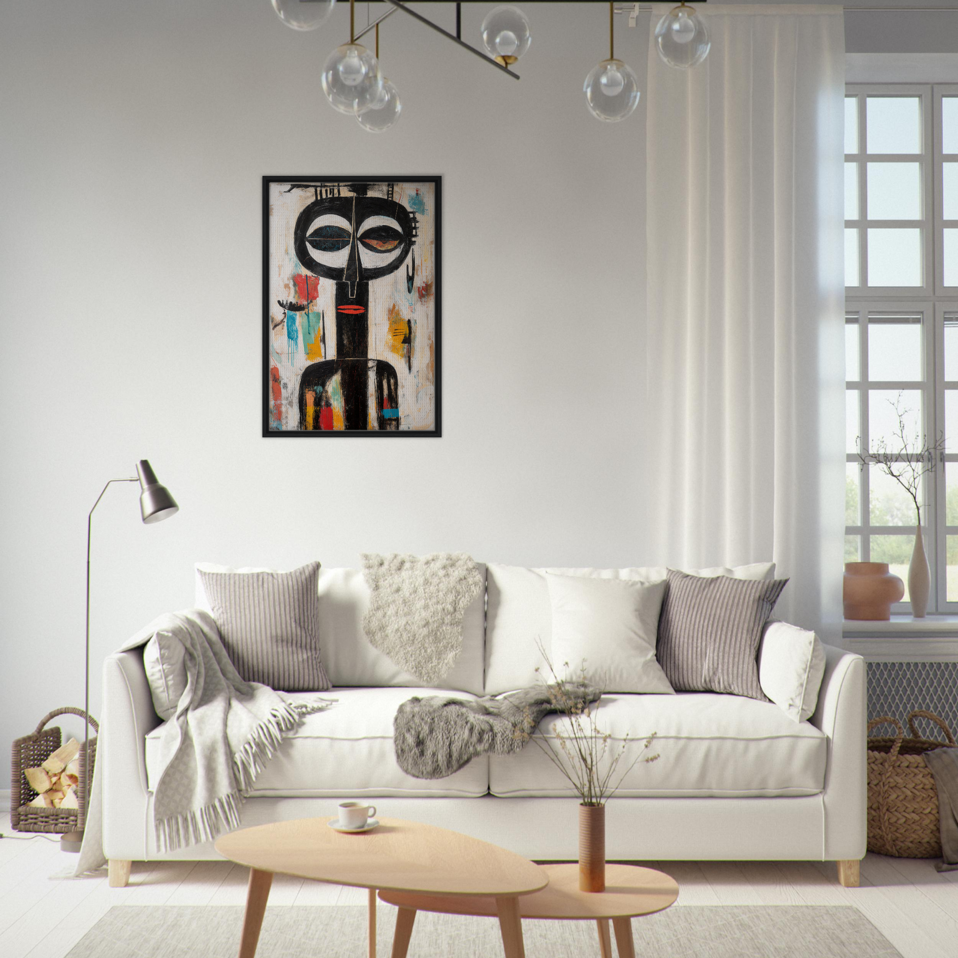 White sofa adorned with throw pillows and blankets in Masks Chromatic Dance framed art