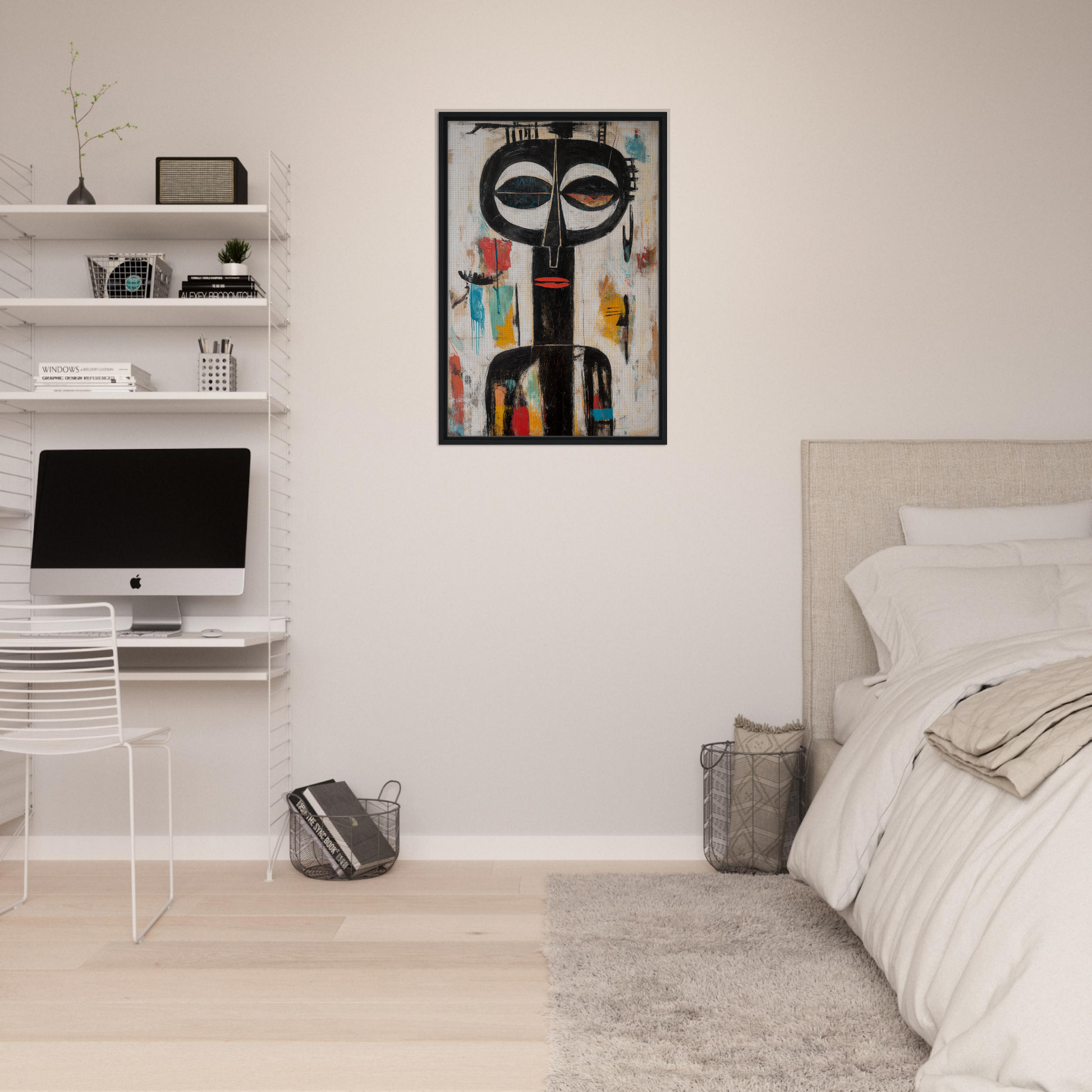 Modern bedroom with Masks Chromatic Dance, a striking framed canvas print