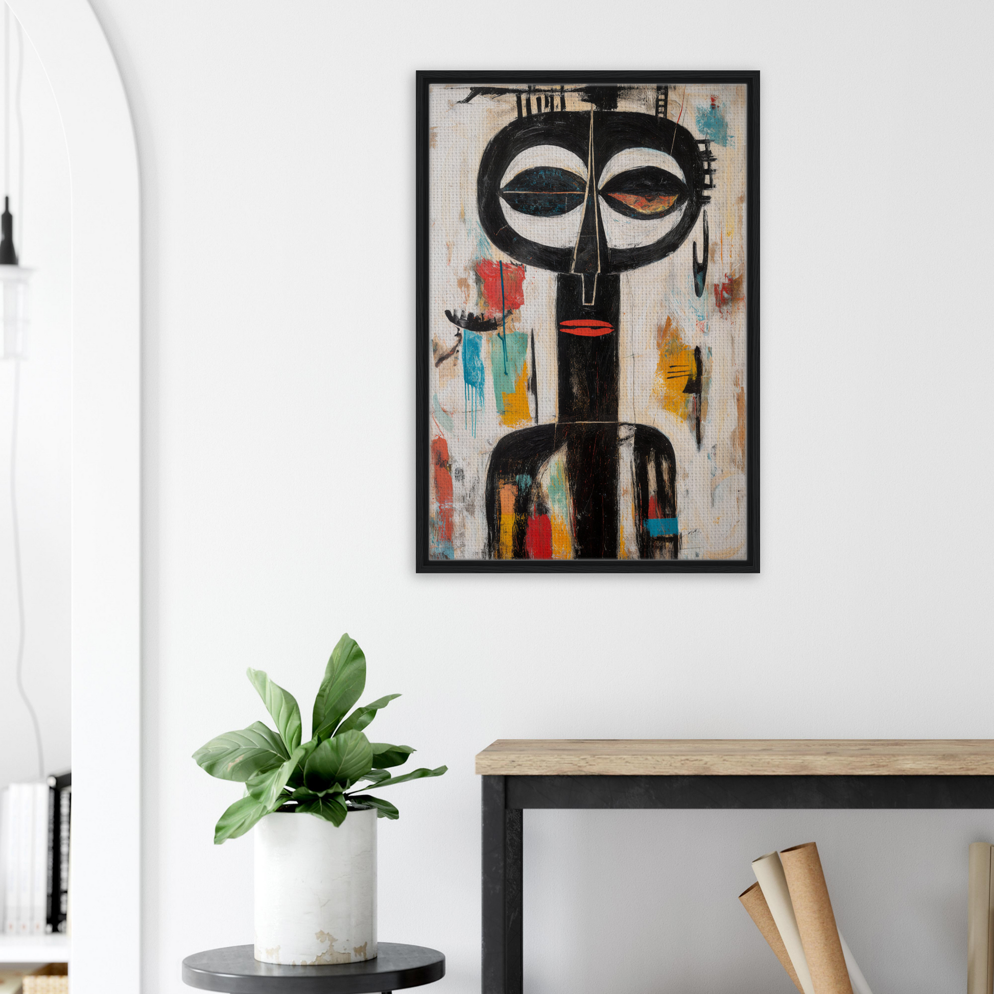 Abstract tribal-style painting of a stylized face for Masks Chromatic Dance framed canvas print